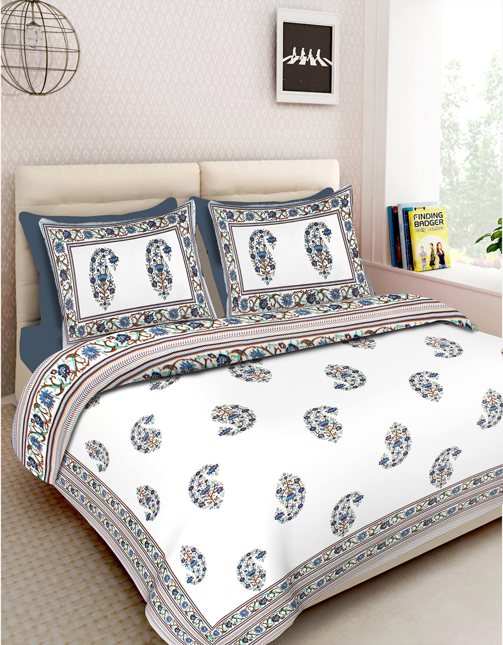RHF 100% Cotton Printed King Size Double Bedsheet with Two Pillow Cover (100 X106 Inches) Blue-picture-30