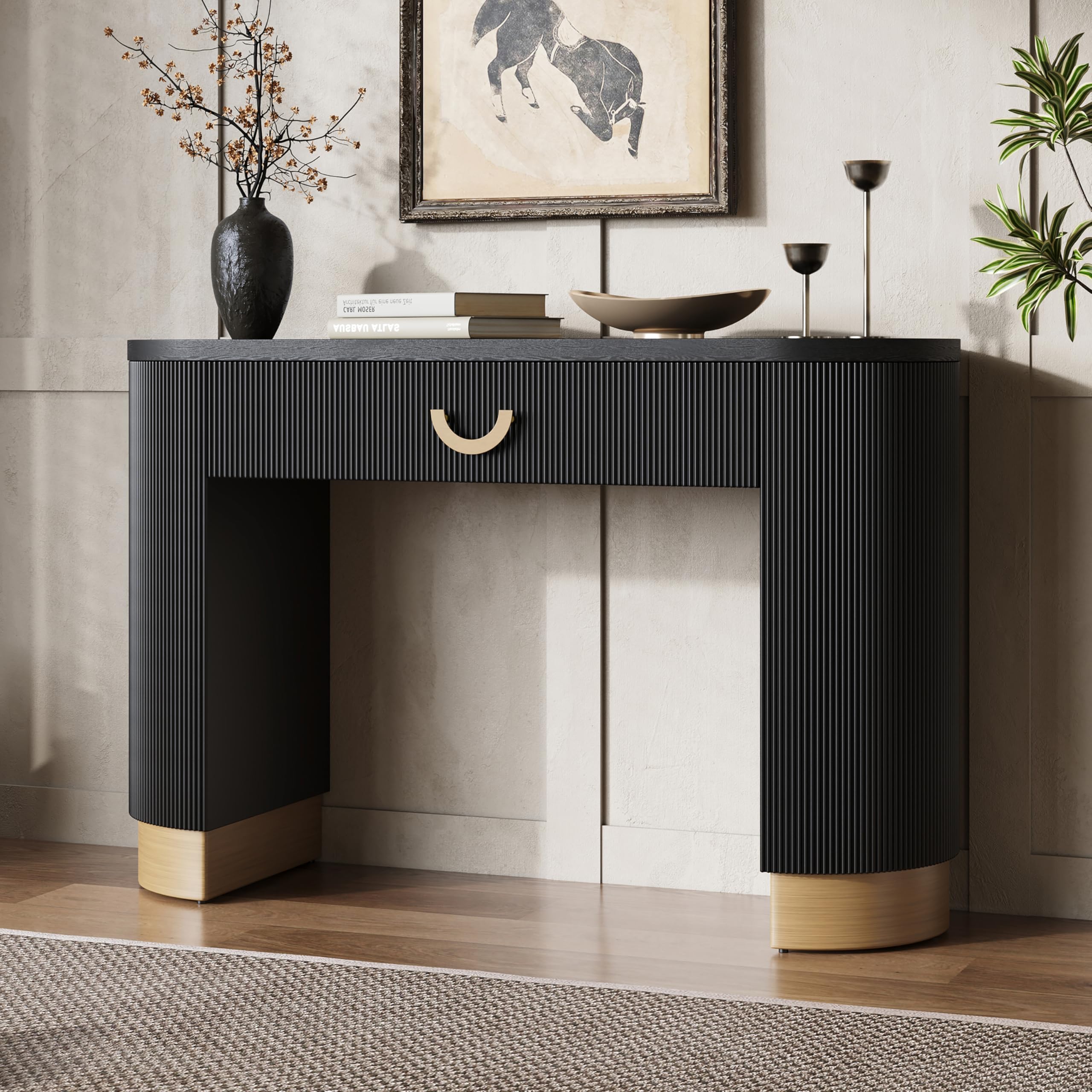 Modern Console Table with Vertical Ribbed Design, Compact Storage Entryway Table with Functional Drawer for Living Room