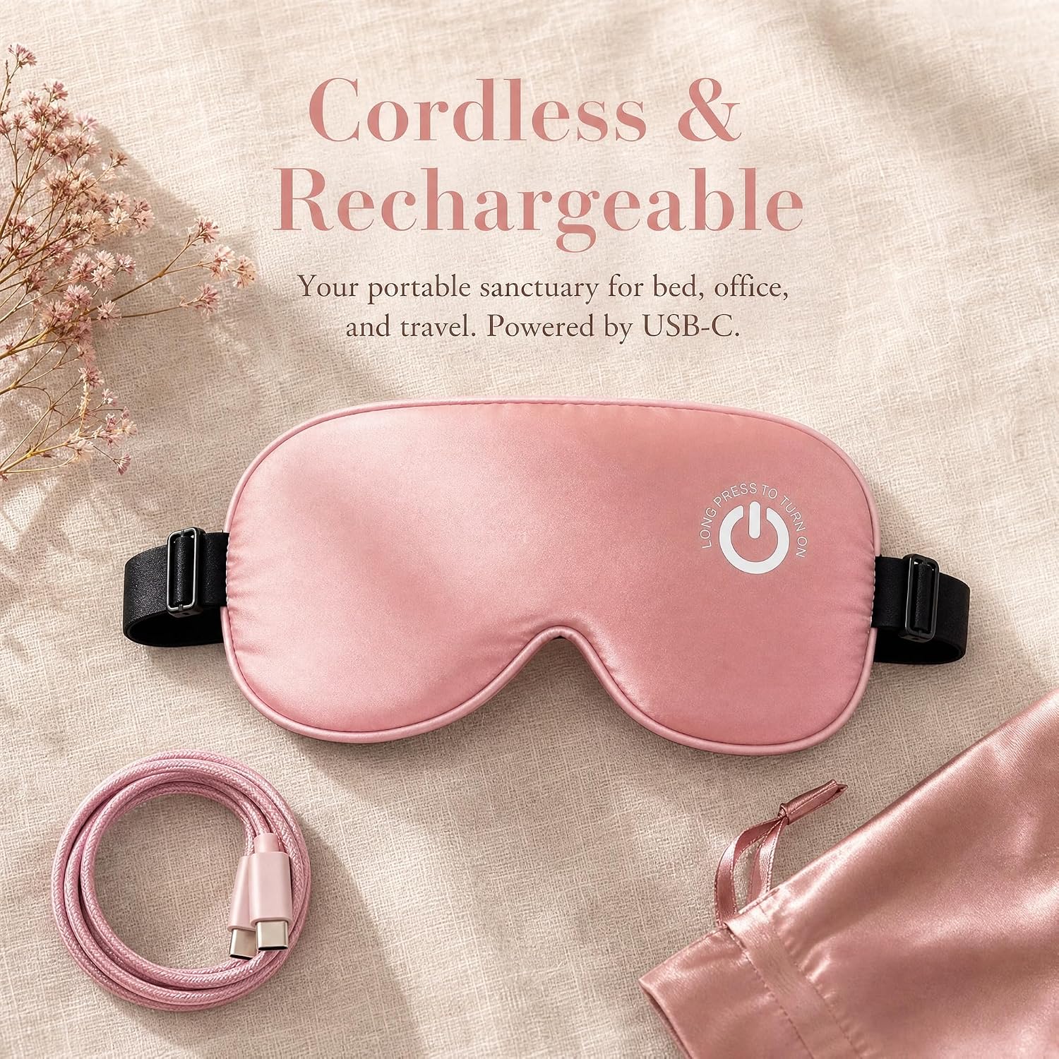 Heated Eye Mask for Dry Eyes, FSA-HSA Eligible Cordless Warm Compress Eye Mask, USB-C Rechargeable 100% Mulberry Silk Eye Cover with 3 Heat Settings & 20-Min Auto-Off, Pink
