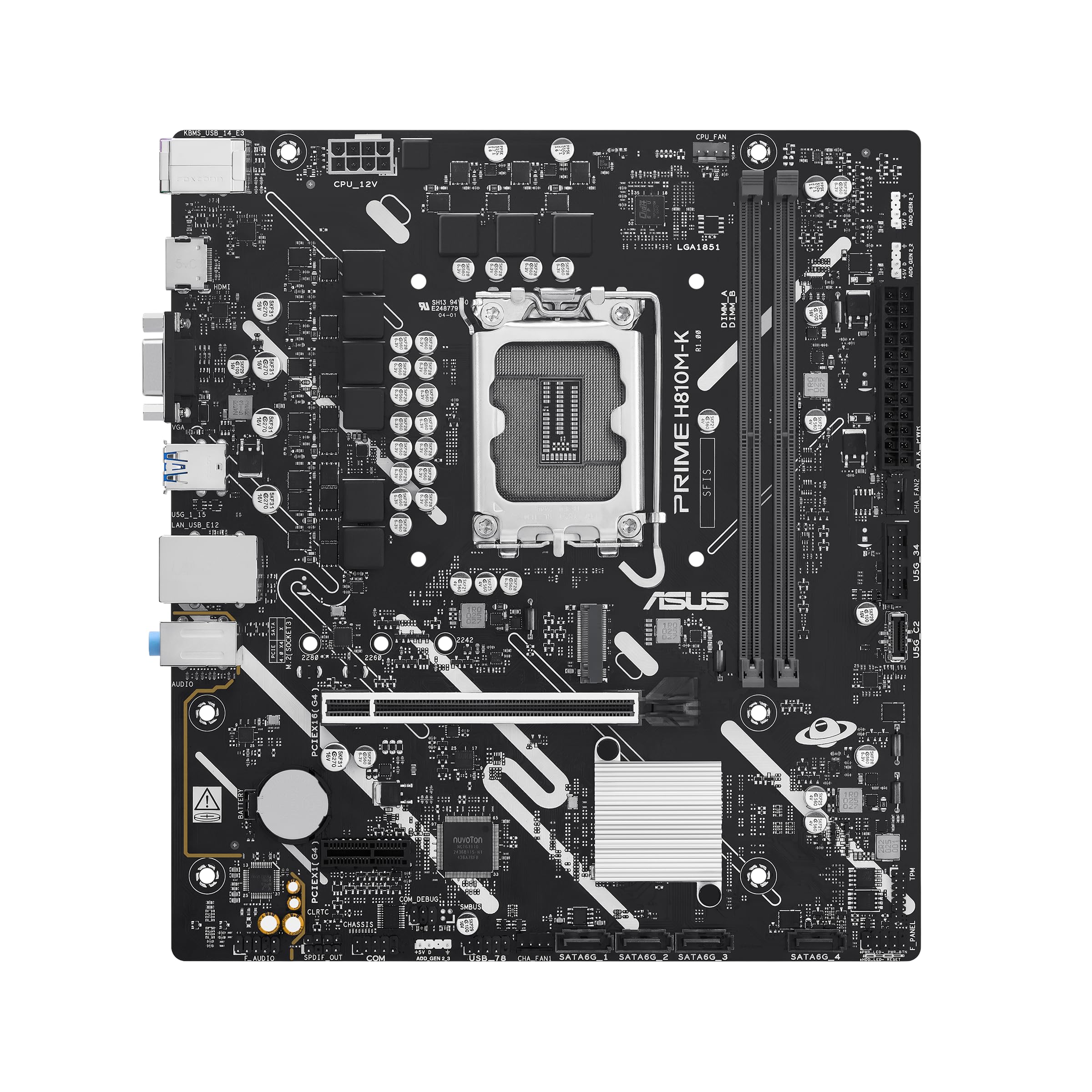 ASUS PRIME H810M-K Intel H810 LGA1851 micro-ATX Mainboard (Advanced AI PC-ready, DDR5 Steckplätze, PCIe 4.0, HDMI, VGA, USB 5Gbps h., USB 5Gbps Type-C v., M.2 Steckplatz, Realtek 1Gb Ethernet, Aura Sy