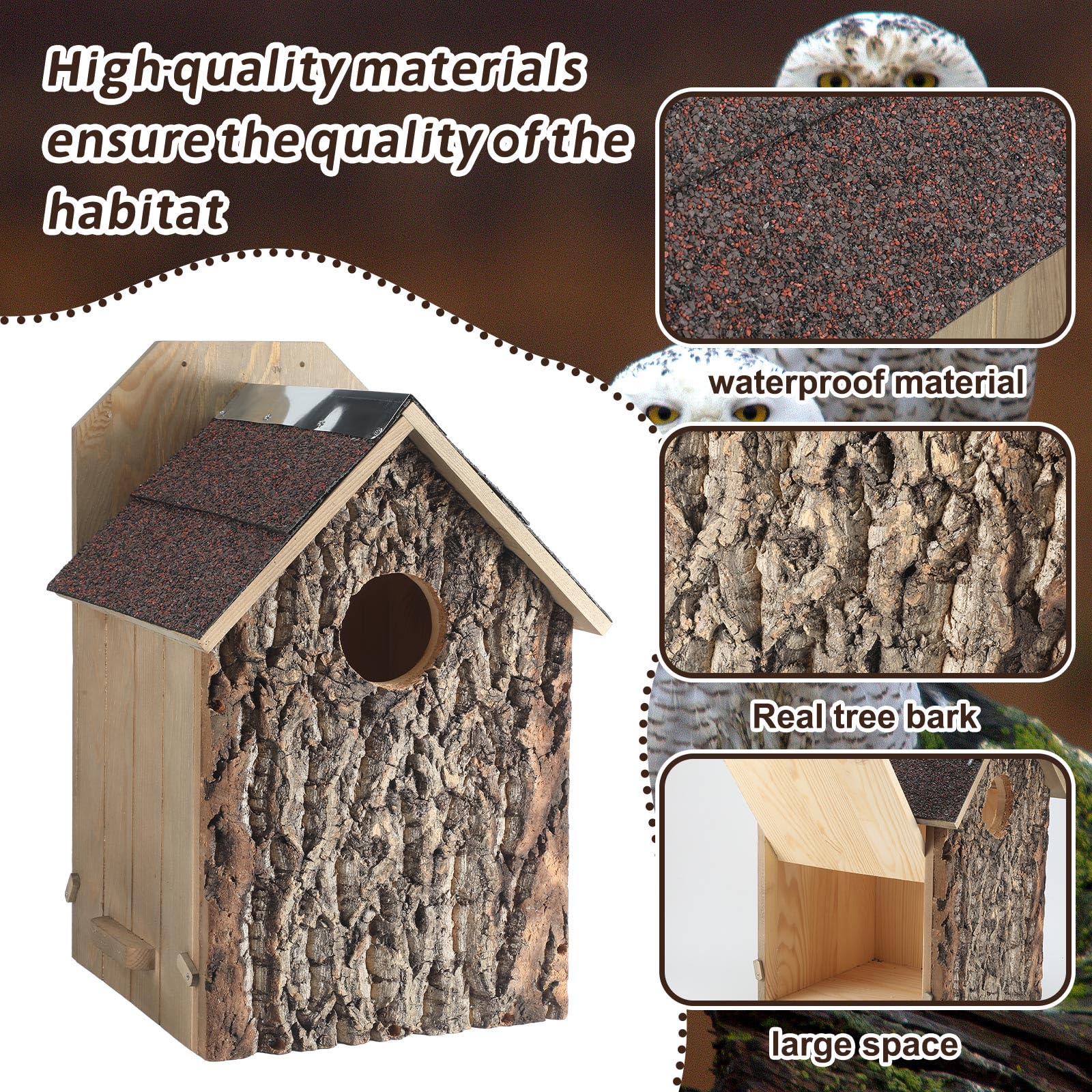 Weysat Eulenhaus Eule Vogelhaus 30.5 cm x 30.5 cm x 48.3 cm Groß Handgefertigte Holz Runde Öffnung Kreisch Nest Haus Echte Rinde Dach Imprägnierung für Außen Nistkästen für Wildtierliebhaber