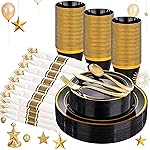WELLIFE 210PCS Black and Gold Plastic Plates - Plastic Dinnerware Set for 30 Guests,Include 30 Dinner Plates, 30 Dessert Plates, 30 Black Cups 9 OZ, 30 Pre Rolled Napkins with Gold Silverware