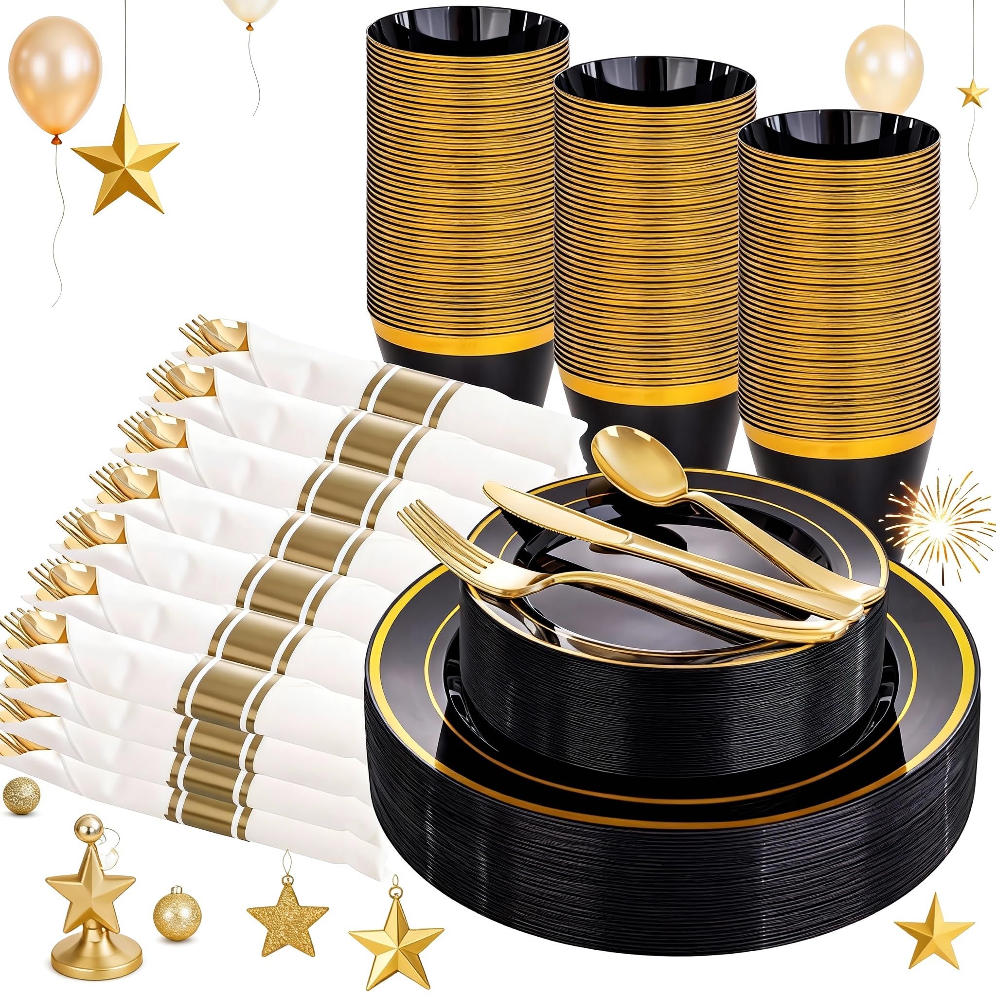 WELLIFE 210PCS Black and Gold Plastic Plates - Plastic Dinnerware Set for 30 Guests,Include 30 Dinner Plates, 30 Dessert Plates, 30 Black Cups 9 OZ, 30 Pre Rolled Napkins with Gold Silverware