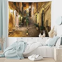 Vista 1 de Ambesonne Tapiz de paisaje urbano, vista nocturna al patio con sillas de café de calle, plantas en macetas, estampado de Roma, colgante de pared
