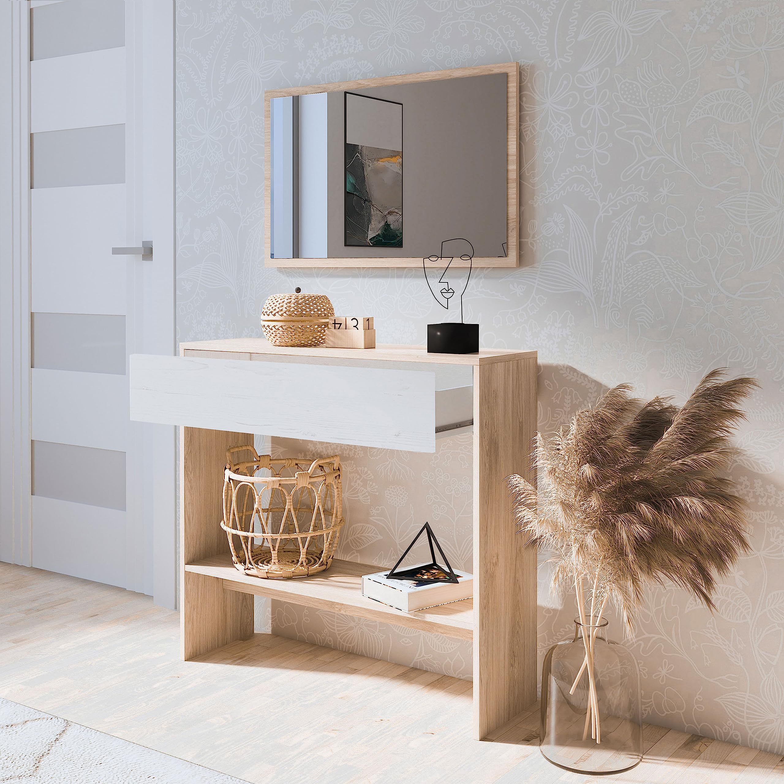 duehome | Recibidor con Cajon y Espejo, Mueble de Entrada, Mueble Auxiliar, Acabado en Tofe y Andersen, Modelo Aros, Medidas: 91,5 cm (Largo) x 27,9 cm (Fondo) x 85 cm (Alto)