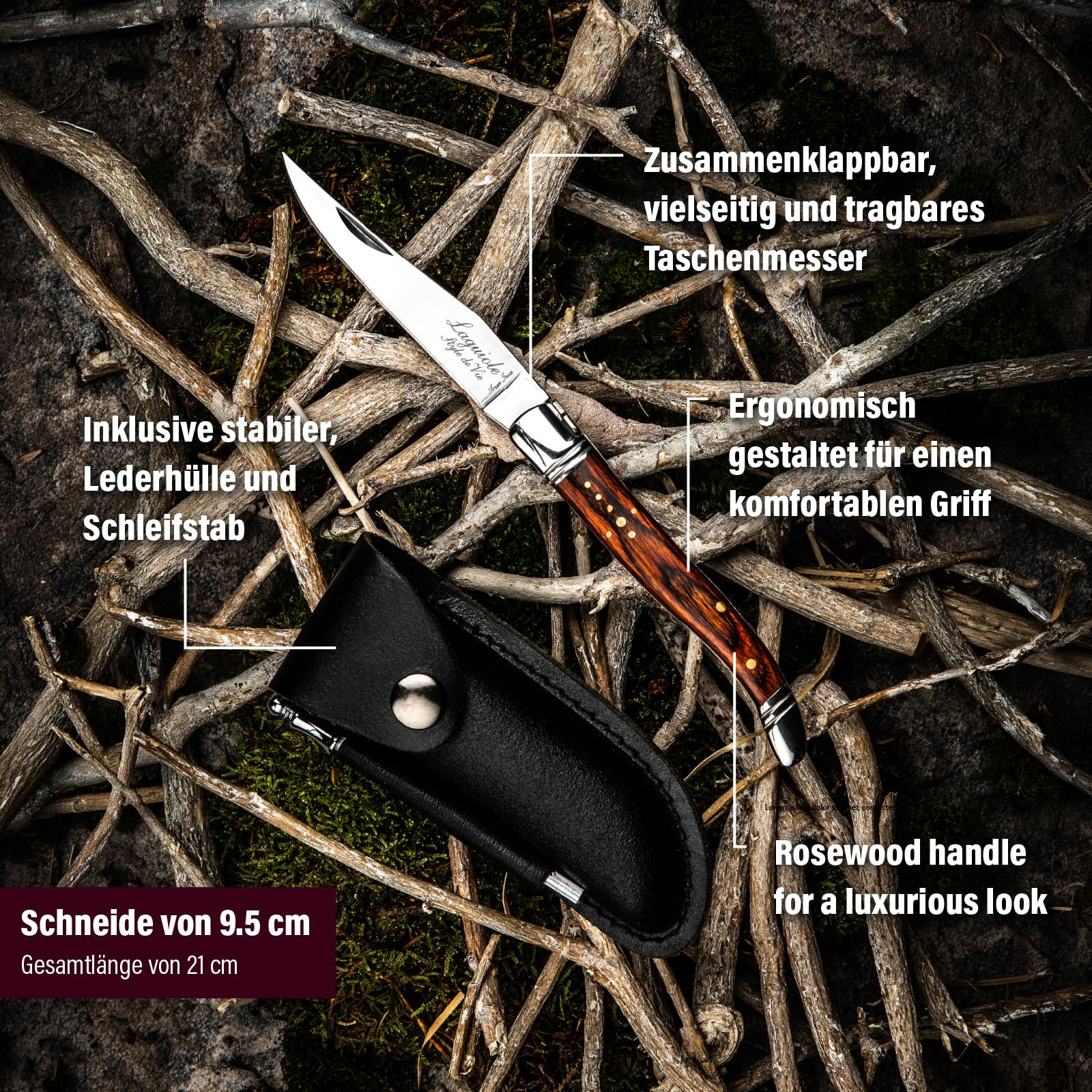 Laguiole Style de Vie Taschenmesser mit Wetzstahl & Ledertasche, Pakkaholz, mit Geschenkbox