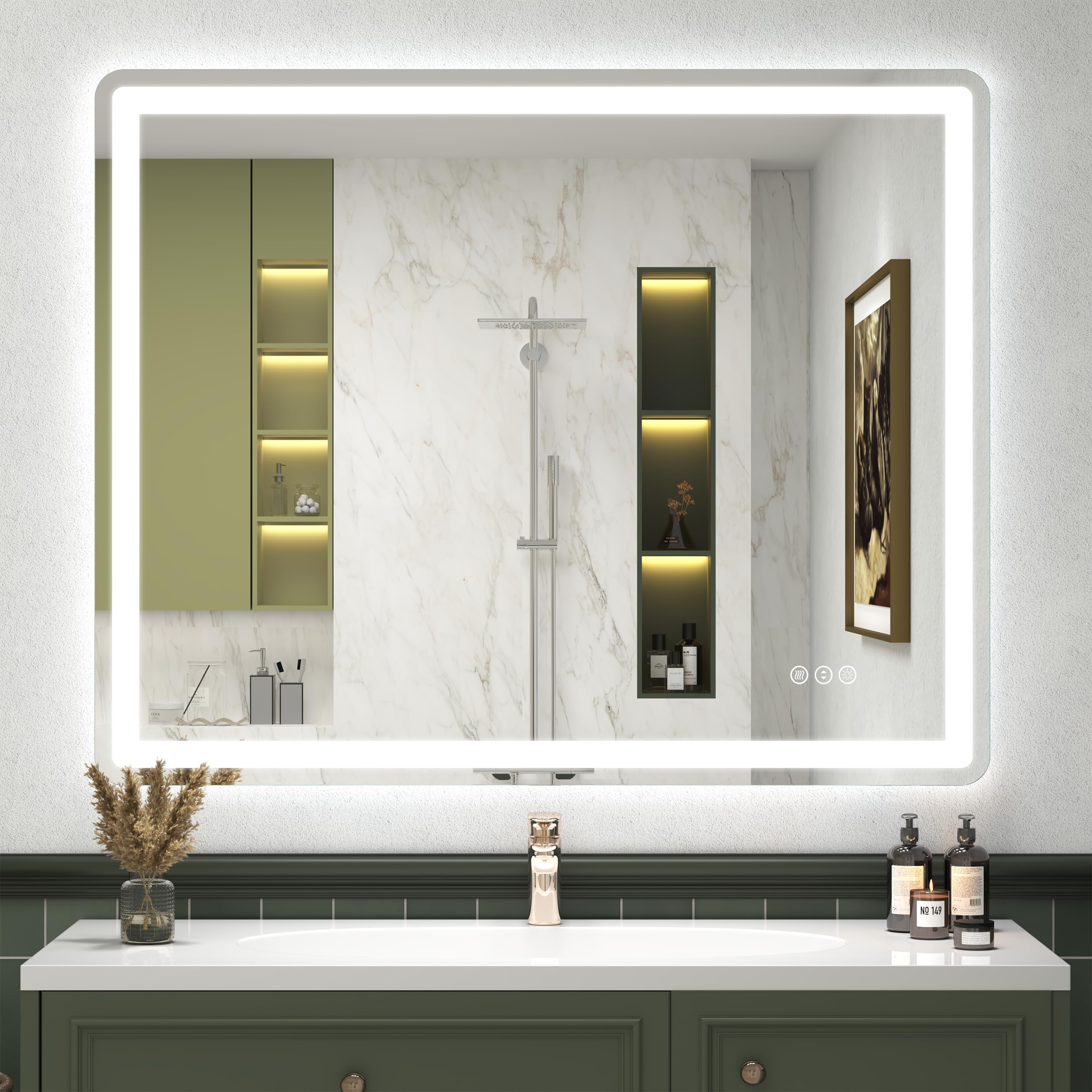 SMIROR Specchio da bagno a LED con luci, 101,6 x 81,3 cm, specchio rettangolare arrotondato illuminato da parete, anteriore illuminato e retroilluminato, 3 colori, dimmerabile, anti-appannamento