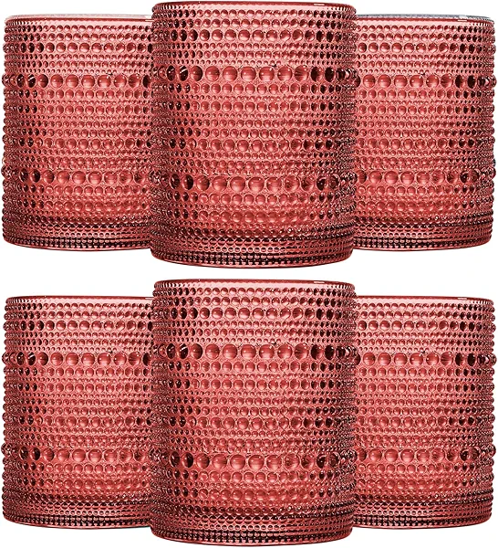JOVGANK Red Vintage Hobnail Drinking Glasses Set of 6, Embossed Water Tumbler 12oz, Kitchen & Bar Beaded Glass Cups, Beverage Glass Cups for Water, Beer, Juice, Cocktail Glassware, Red