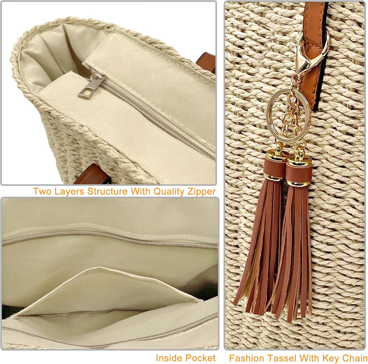 Straw Tote Bag for Women Beach Woven Shoulder Handbags for Summer Travel vacation with Tassel