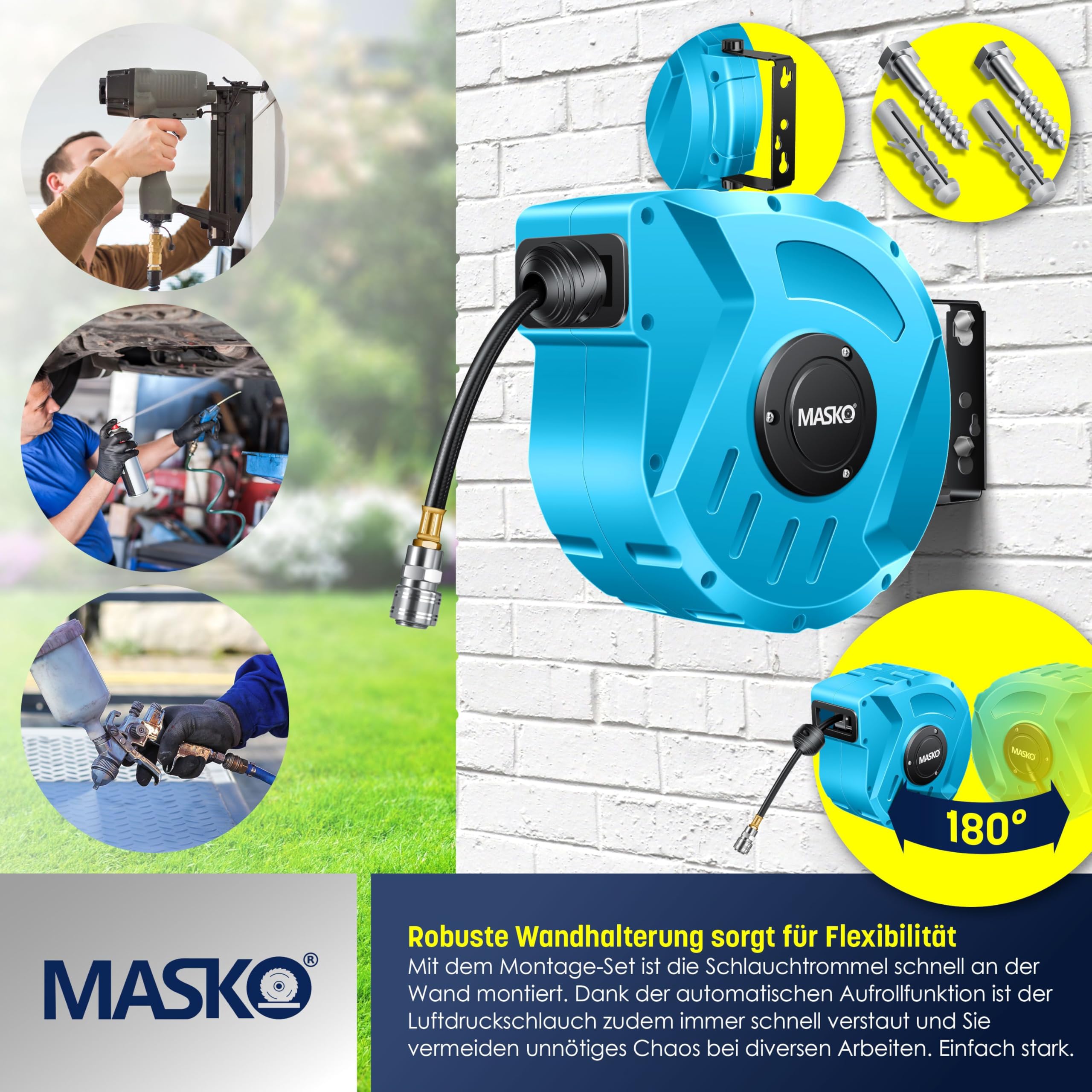 MASKO® Automatik Druckluftschlauch Aufroller 10m – Schlauchtrommel mit 1/4" Anschluss, Schlauchaufroller, Wandhalterung, Tragegriff, 180° schwenkbar, Schlauchbremse, vormontiert/sofort einsatzbereit