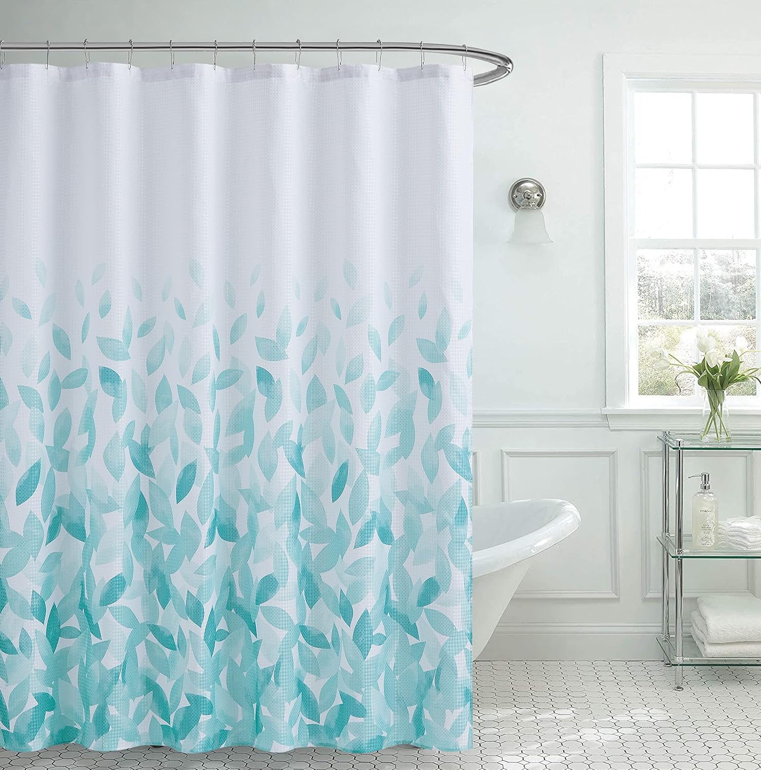 Creative Home Ideas – Textured Fabric Shower Curtain Set | Includes 12 Easy Glide Metal Rings | Modern Bathroom Décor | Machine Washable | Measures 72” X 72” | Aqua Ombre Leaves
