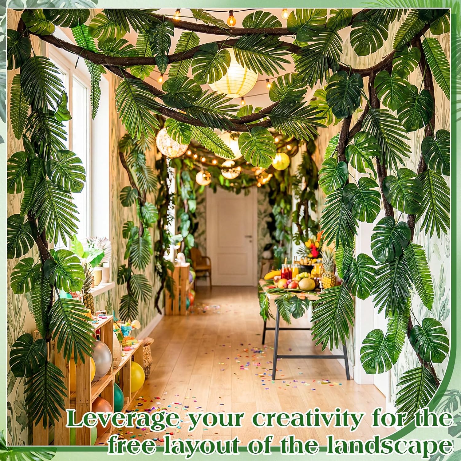 Preboun 102 Pcs Jungle Theme Party Decorations Tropical Rainforest Fake Leaves Safari Artificial Palm Leaf Rattan Decoration Jungle Vines for Hawaiian Luau Dinosaur Forest Garden Theme Party