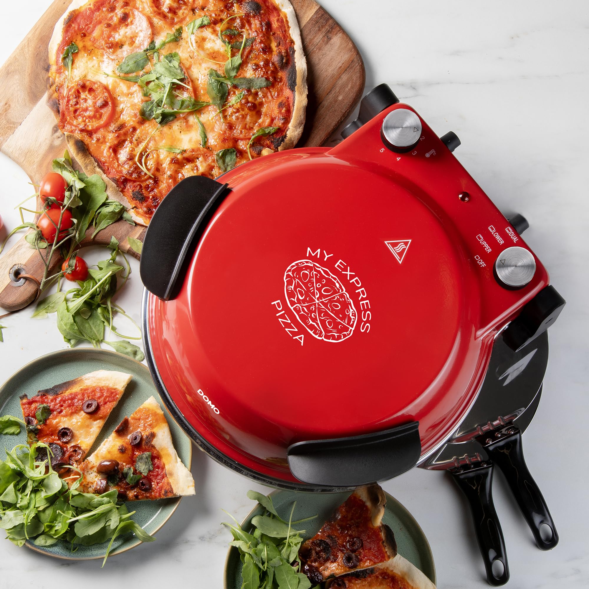 DOMO DO9284PZ Four à Pizza électrique 1200 W avec Pierre de Cuisson Ø 32 cm, Température Réglable jusqu'à 400°C, Inclus 2 Pelles à Pizza