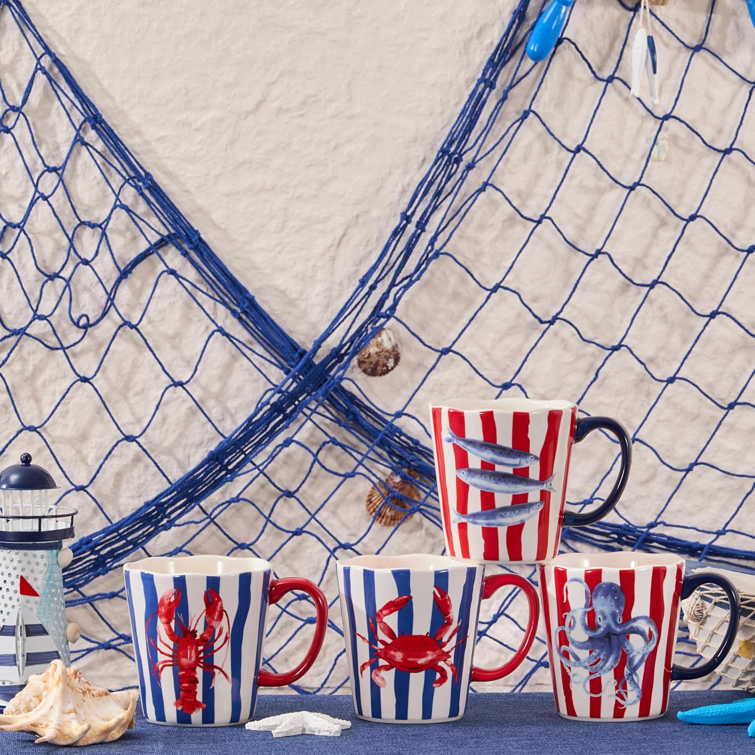 Bico Ocean Wonders Scalloped Ceramic Mug Set of 4, Christmas Coffee Mugs, 15oz Holiday Cups for Tea, Cocoa, or Hot Drinks, Microwave & Dishwasher Safe