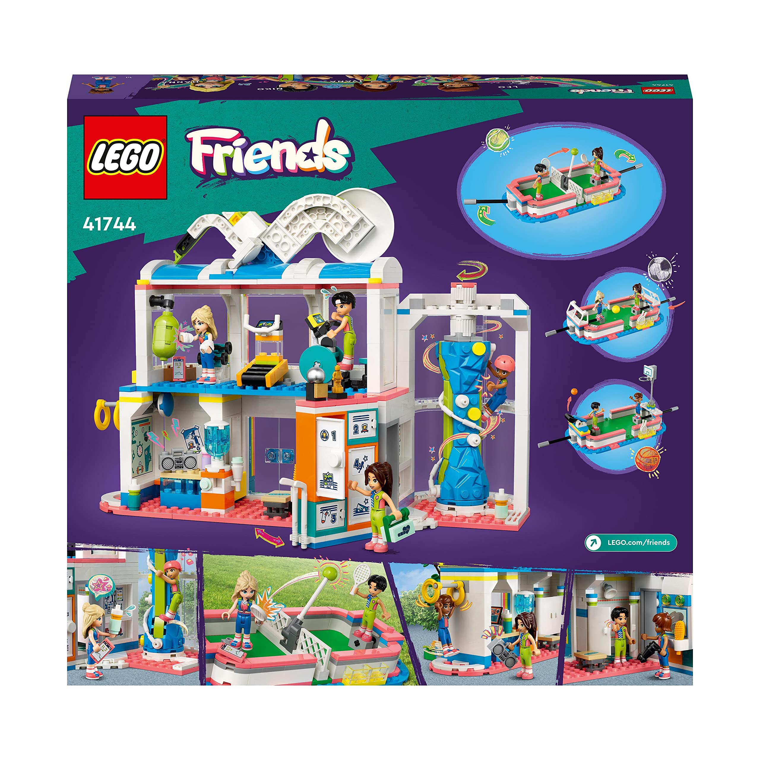 LEGO Friends Centro Deportivo con Juegos de Fútbol, Baloncesto, Tennis y Muro de Escalada, 4 Mini Muñecas, Regalos y Juguetes de Heartlake City para Niñas y Niños de 8 Años o Más 41744