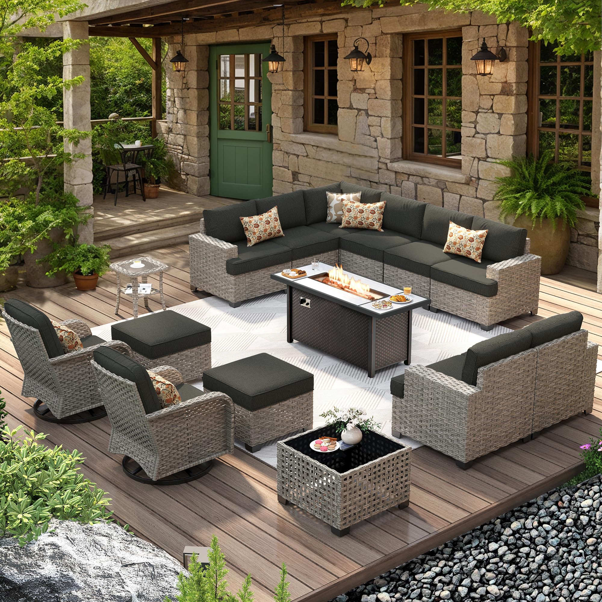 HOOOWOOO Outdoor Sectional Patio Furniture Set with Fire Pit Table,15 Pieces Wicker Conversation Sets L Shaped Couch,Extra Deep Out Door Sofa Outside