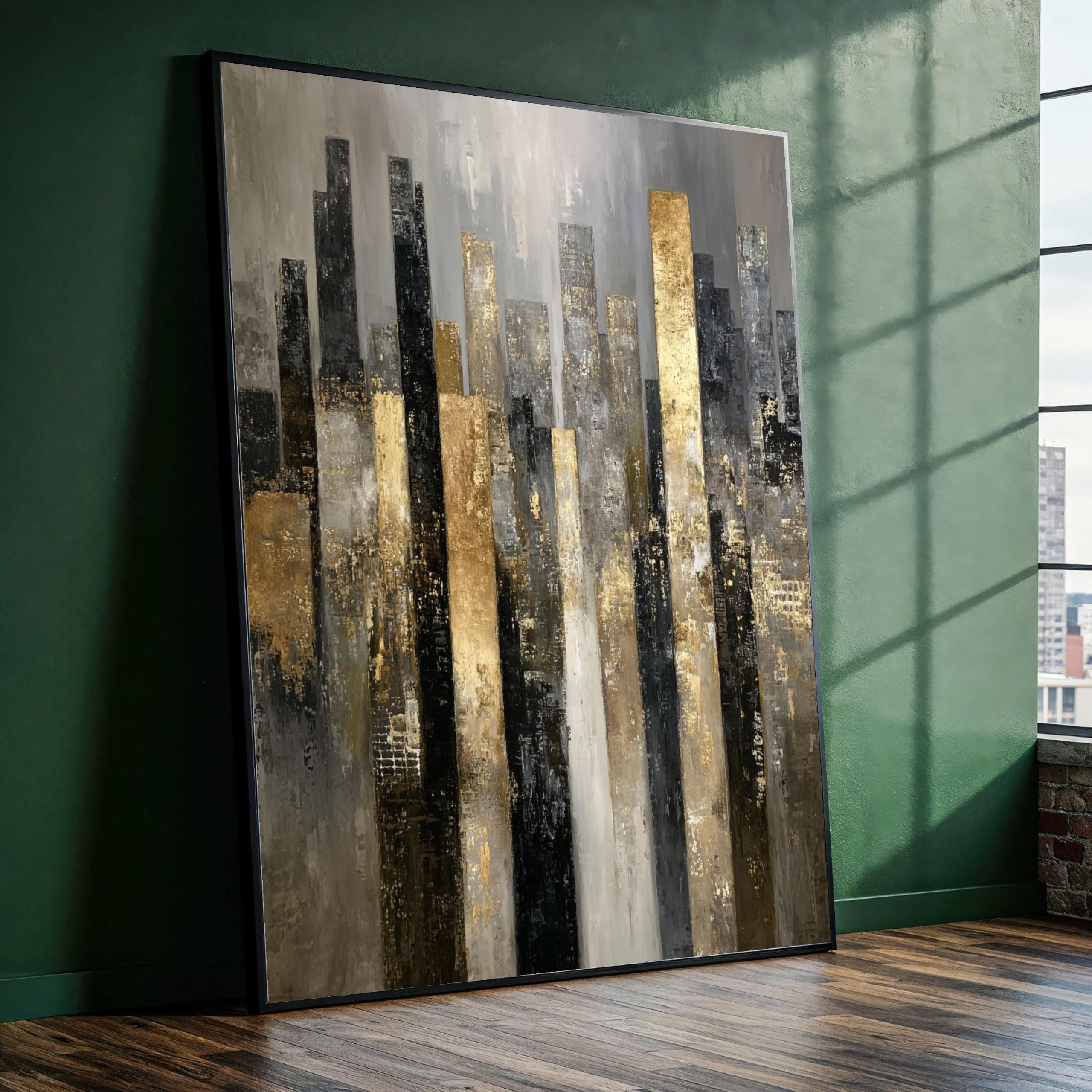 Xbtykpb Frameless Abstract Cityscape Canvas, Gold Black Skyline Canvas Wall Art, Urban Architectural Decor, Contemporary Canvas Painting(21X30cm/Frameless)