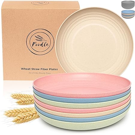 FOODLEWheat Straw Plates Set for 8 - Alternative to Plastic Plates - Dishwasher & Microwave Safe - Reusable & Unbreakable - Perfect for Camping, Picnic, RV, Outdoor
