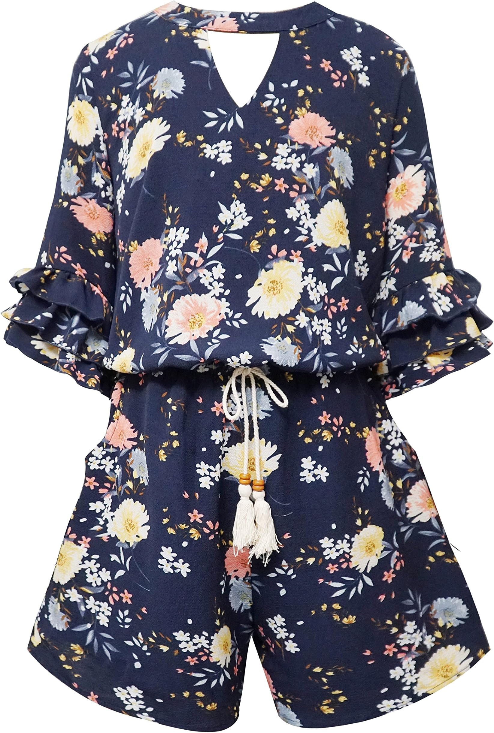 Smukke, Big Girls Tween Tiered Ruffle 3/4 Sleeves Romper with Pockets, 7-16
