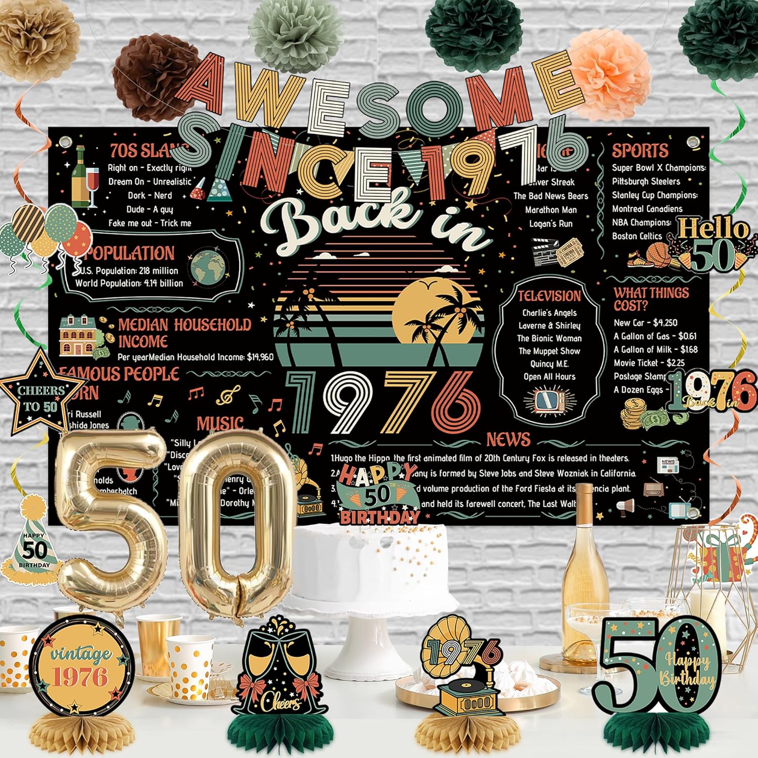 Roetyce 50th Birthday Decorations Men Women, Colorful Vintage Back in 1976 Poster Cheers To 50 Years Banner Balloons Hanging Swirls Cake Topper, Black Awesome Since 1976 Photo Backdrop Background - Image 4
