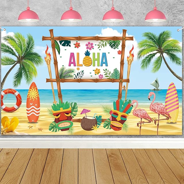 Aloha Hawaiian Party Decorations Backdrop - Beach Party Banner Tropical Party Decorations Beach Party Accessories Summer Party Decoration Photo Backdrop Aloha Luau Party Supplies, 72.8 x 43.3 Inch