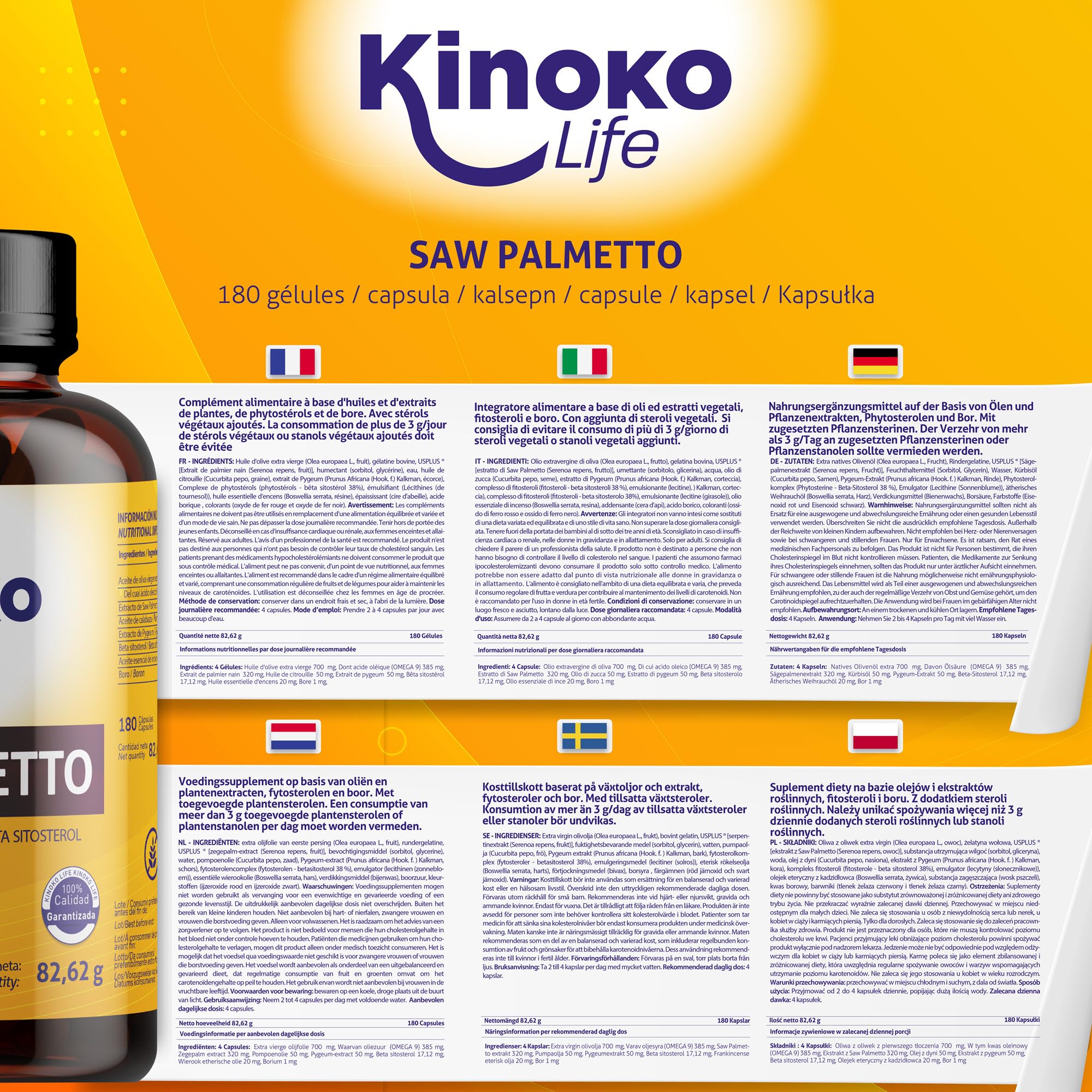Kinoko Life Saw Palmetto - Serenoa Repens 320 mg 180 capsule. Estratto lipidosterolico puro 85-95%. con Omega 9, Olio di Semi di Zucca, Pygeum Africanum, Serenoa Repens Capelli e Prostata.