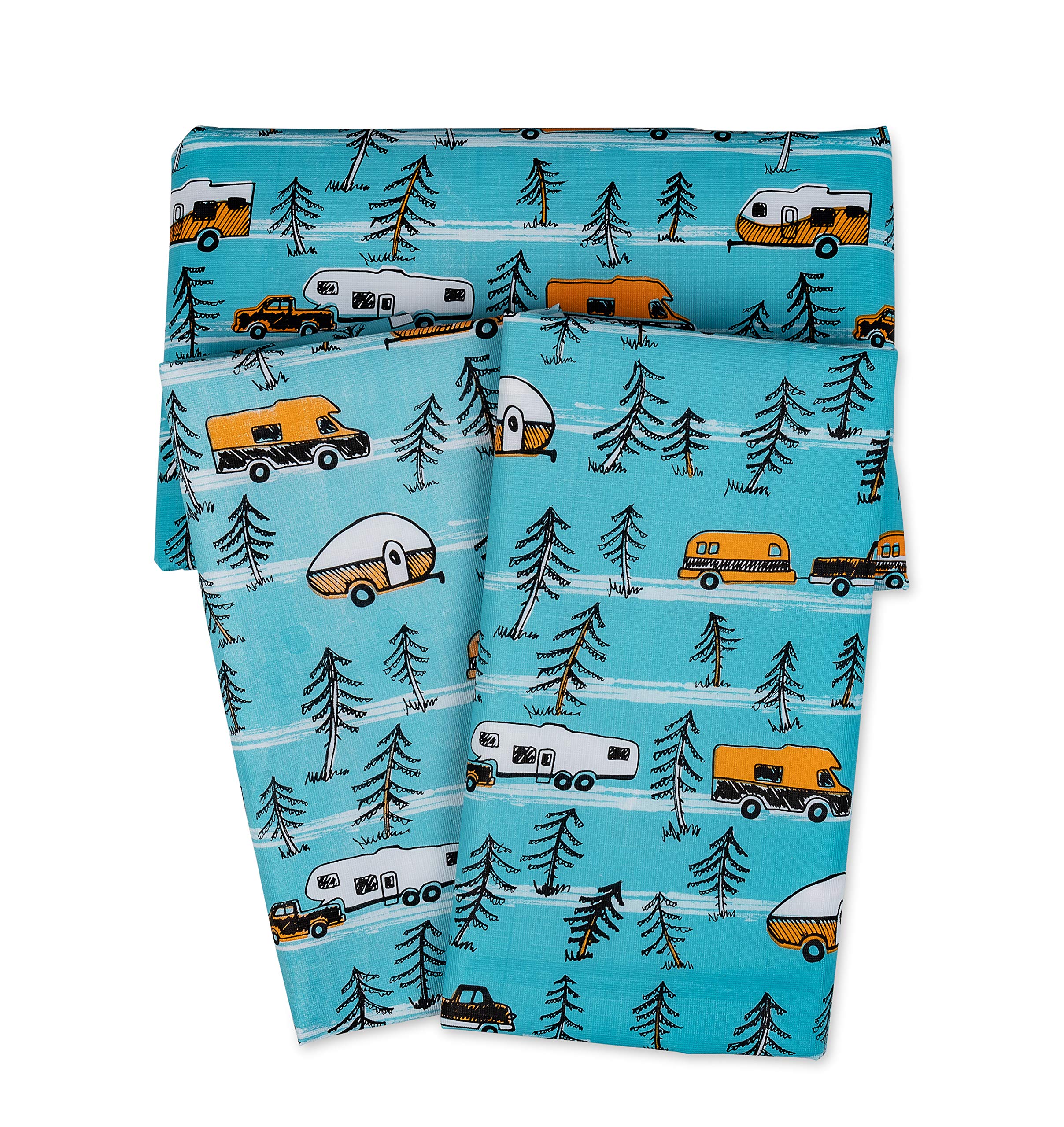 Camco Life is Better at The Campsite Tablecloth with Bench Covers | Provides a Clean Eating Surface for Outdoor Activities | Features an RV and Tree Sketch Design | (53380)