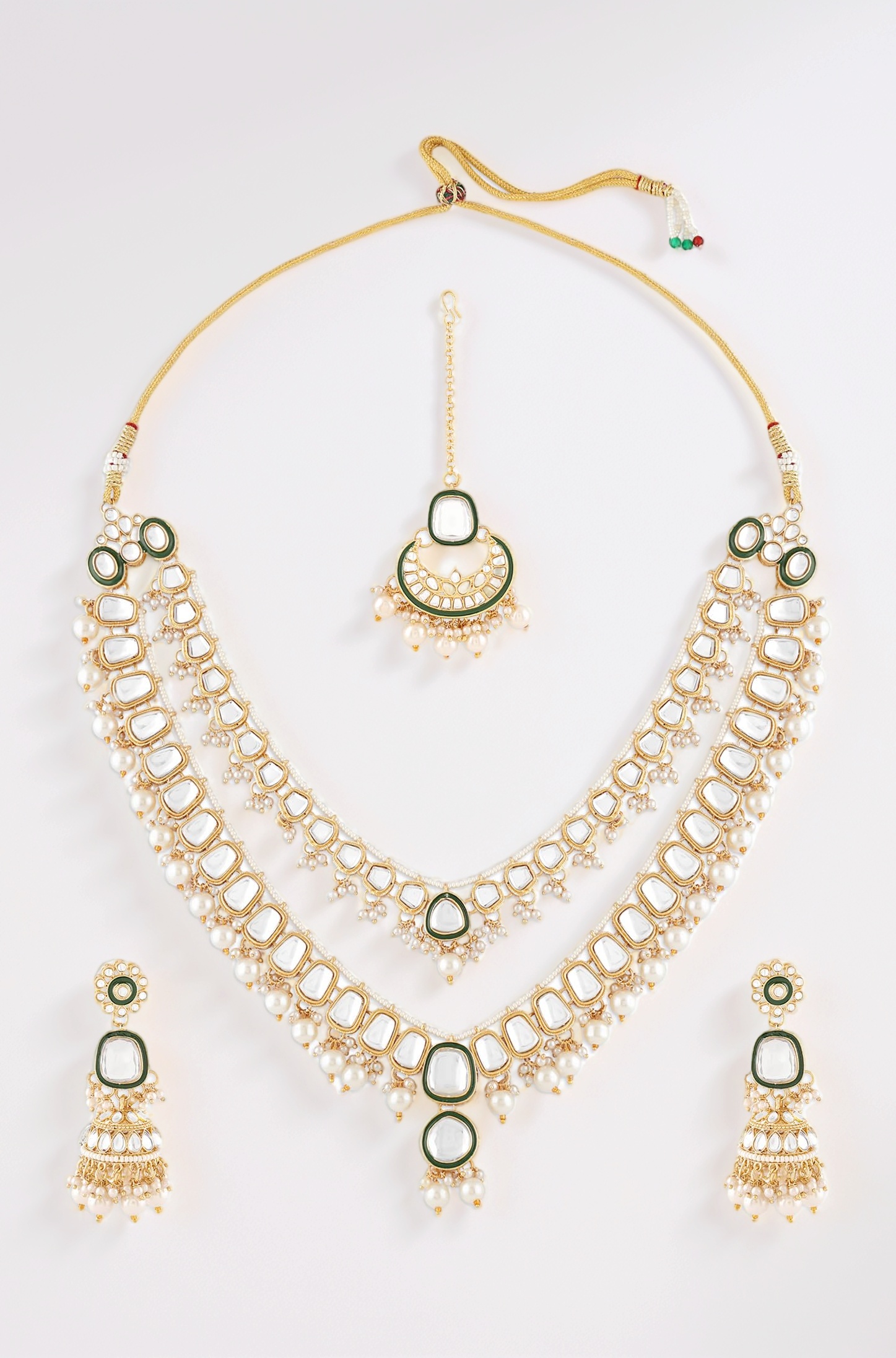 Green Meenakari Kundan Pearls Layered Bridal Necklace Earring & Maangtikka Set For Women-ZPFK17357