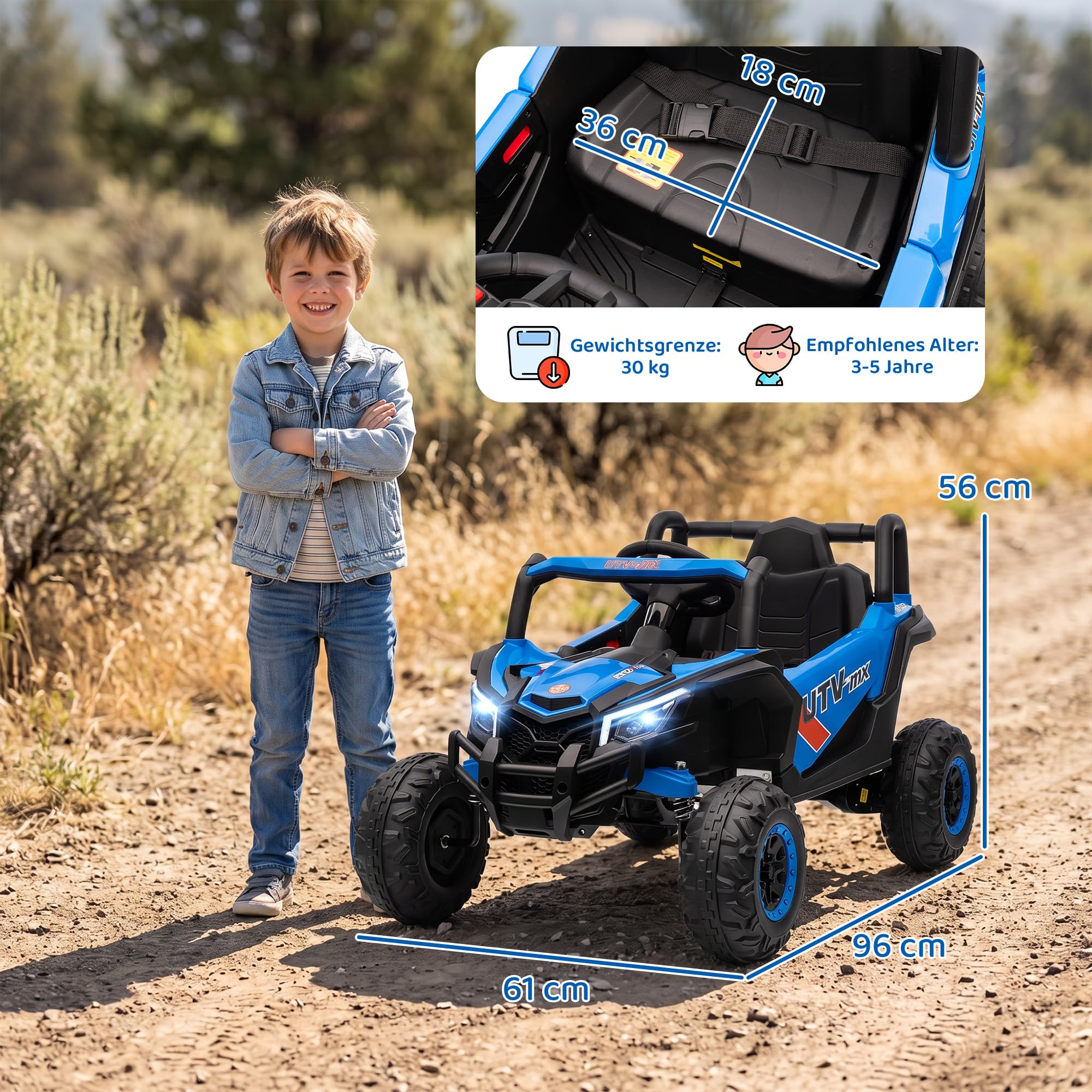 AIYAPLAY Elektryczne auto dzieci 12V pilot 2,4G 2 silniki Niebieski | Dziecięcy UTV, Pojazd dziecięcy, Miękki start, Zawieszenie, LED lampy, Muzyka, Port USB, Klakson, Dla 3-5 lat