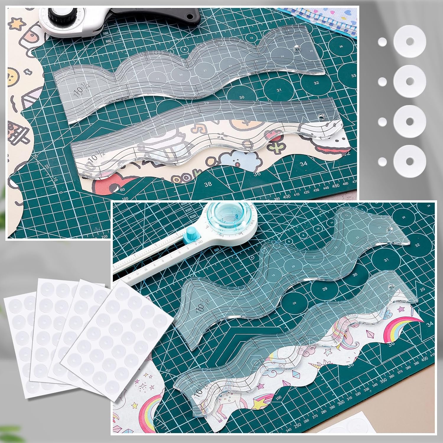 Kigley 4 Pcs Free Motion Quilting Templates Waves Acrylic Quilting Rulers for Machine Free Motion Sewing Stencils Patchwork Splicing with 96 Pcs Nonslip Grips(Rolling+Gentle)