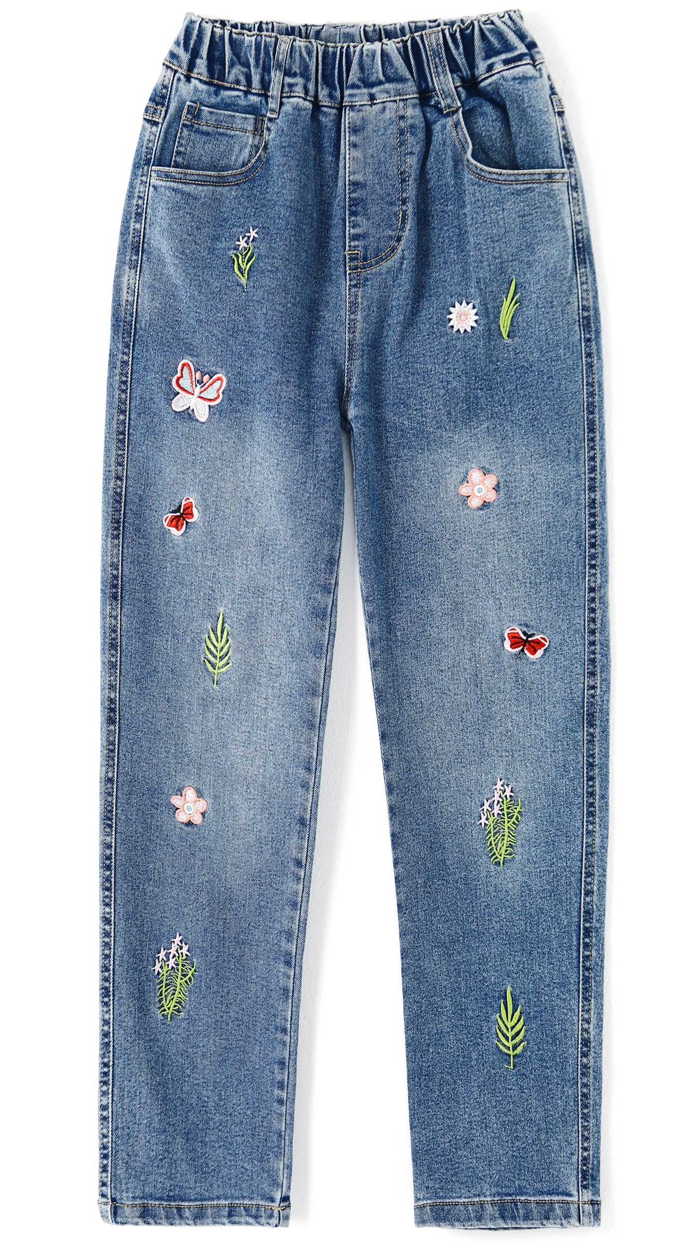 KIDSCOOL SPACE Jean Fille, Ceinture Élastique, Denim Stretch Brodé, Bleu