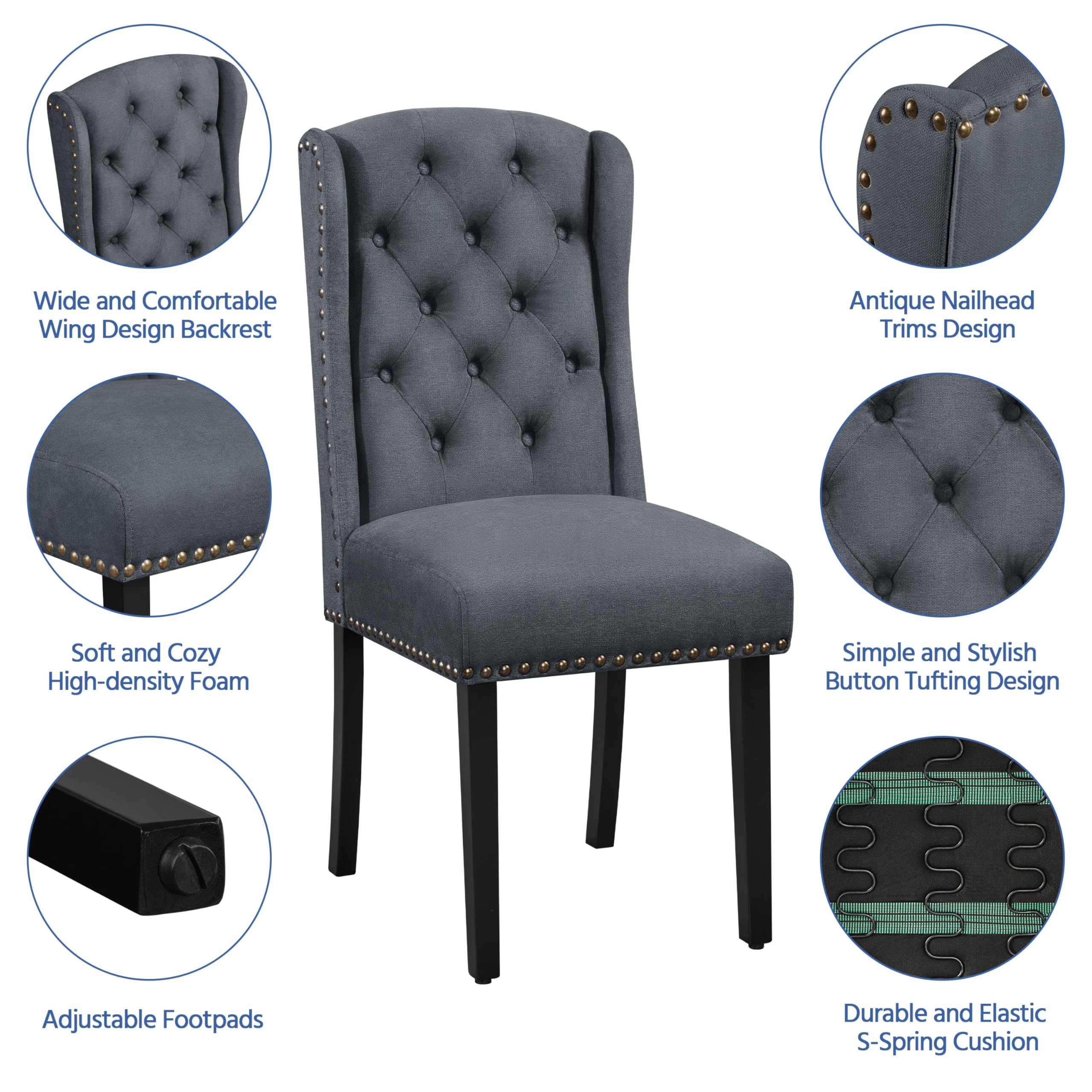 Yaheetech Juego de 6 Sillas de Cocina Tela Diseño de Botones Gris Oscuro | Silla de Cocina Tapizada de Tela, Silla Comedor Diseño Botones, Estilo Clásico, Pata de Madera, Ideal para Restaurante