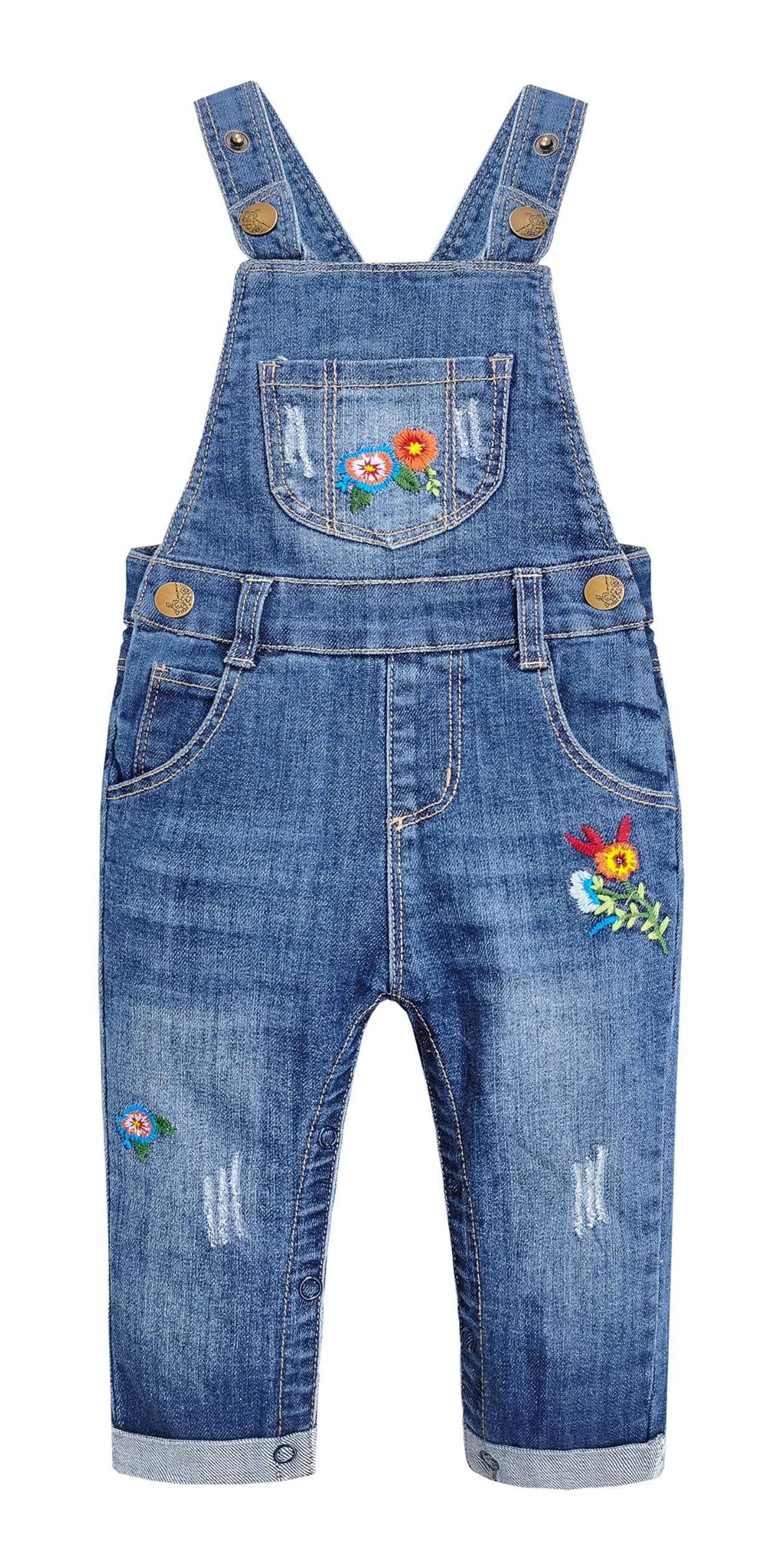 KIDSCOOL Baby Jeans-Overall bestickt, 9M-5T Waschjeans Romper | Jeans-Overall für Kleinkindjungen, Unisex Jeans-Overall, geblümte Streifenfutterhose, Outfit 9M bis 5T