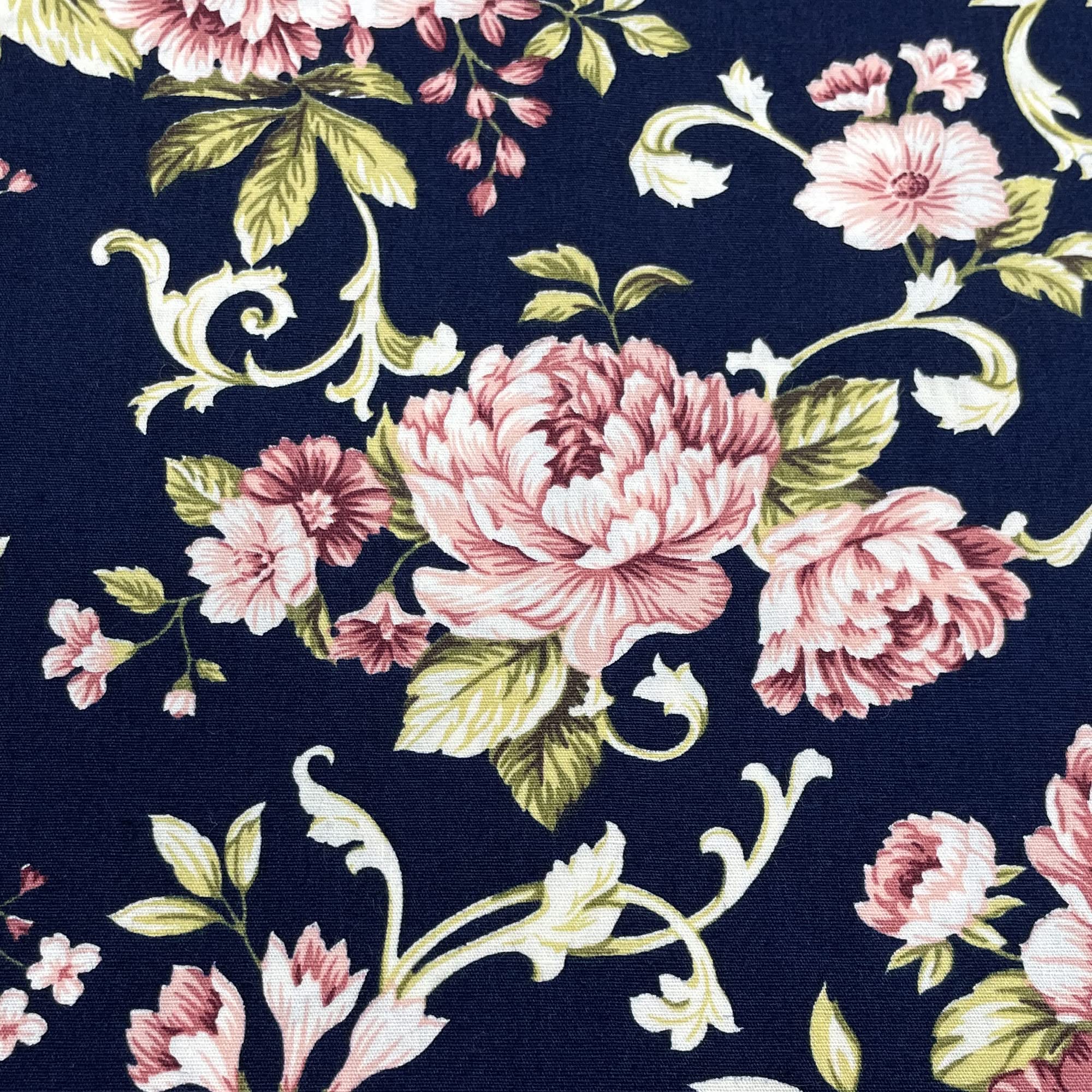 Wholesale Fabrics Blue Cotton Fabric - Pink Roses Floral On Navy - Craft Fabric Material Metre