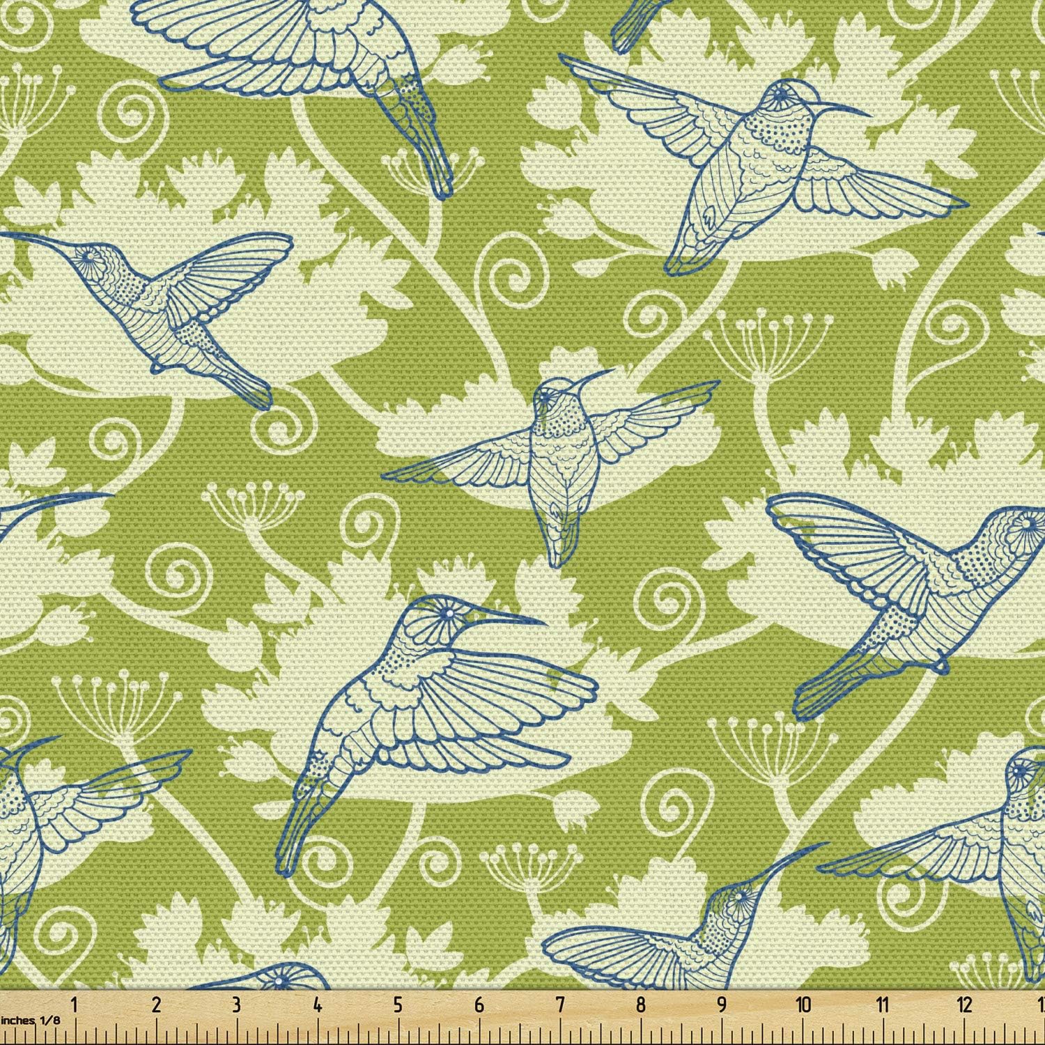 Ambesonne Hummingbirds Fabric by The Yard, Birds Pattern on Floral Background Springtime Garden Wings, Decorative Fabric for Upholstery and Home Accents, 2 Yards, Soft Lime Green