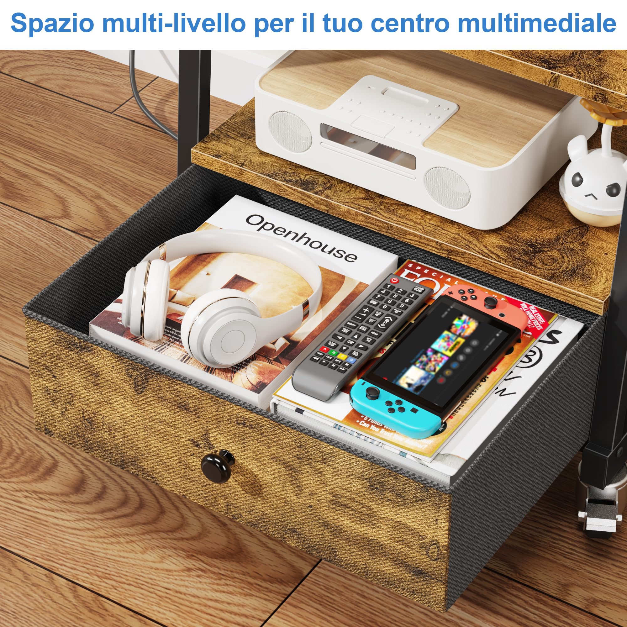 Supporto TV da Pavimento con Ruote per TV 32-75 Pollici, Marrone | Presa di Corrente e USB | 3 Ripiani | Cassetto in Tessuto | Altezza Regolabile | Max VESA 600x400 mm | Carico 50 kg