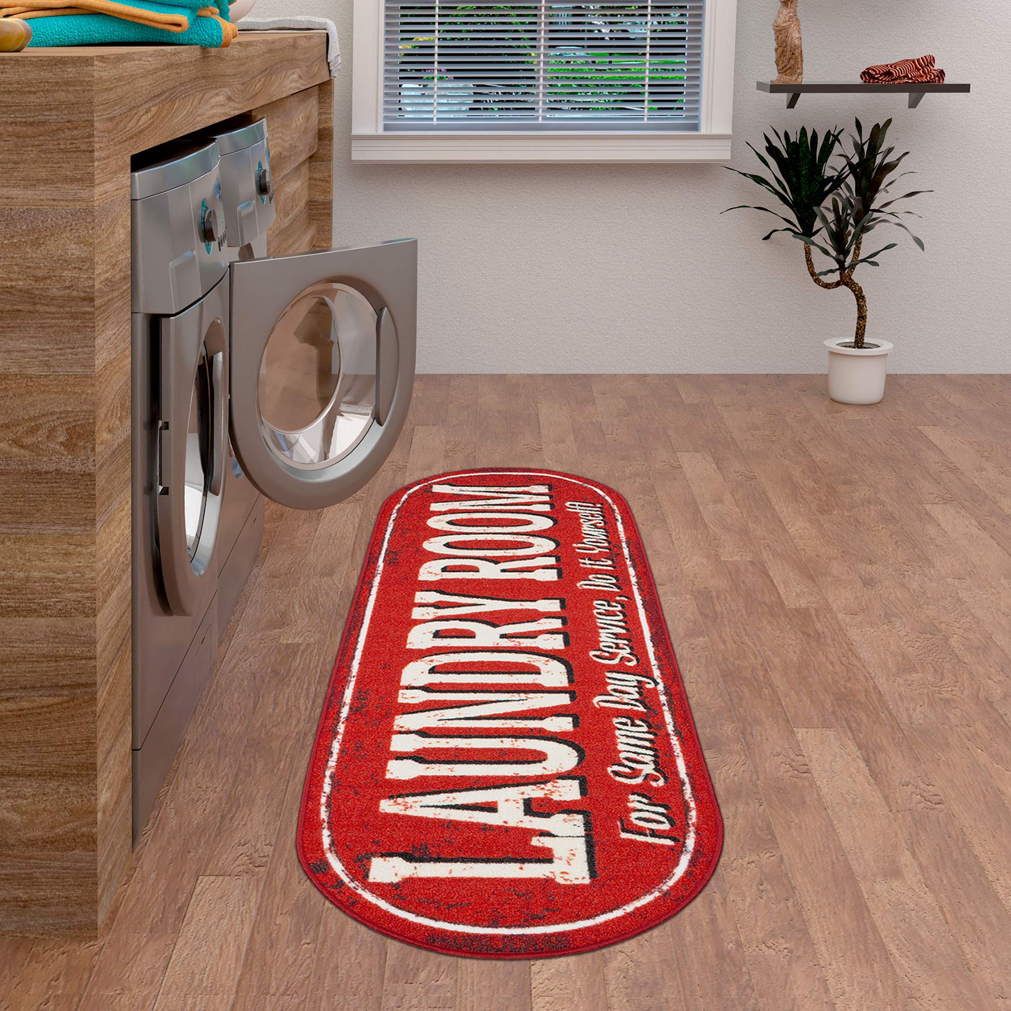 Machine Washable Text Design Laundry Room Rug Non-Slip Rubberback 2x5 Laundry Runner Rug for Laundry Room, Bathroom, Washroom, 20" x 59" Oval, RedOEKO-TEX STANDARD 100