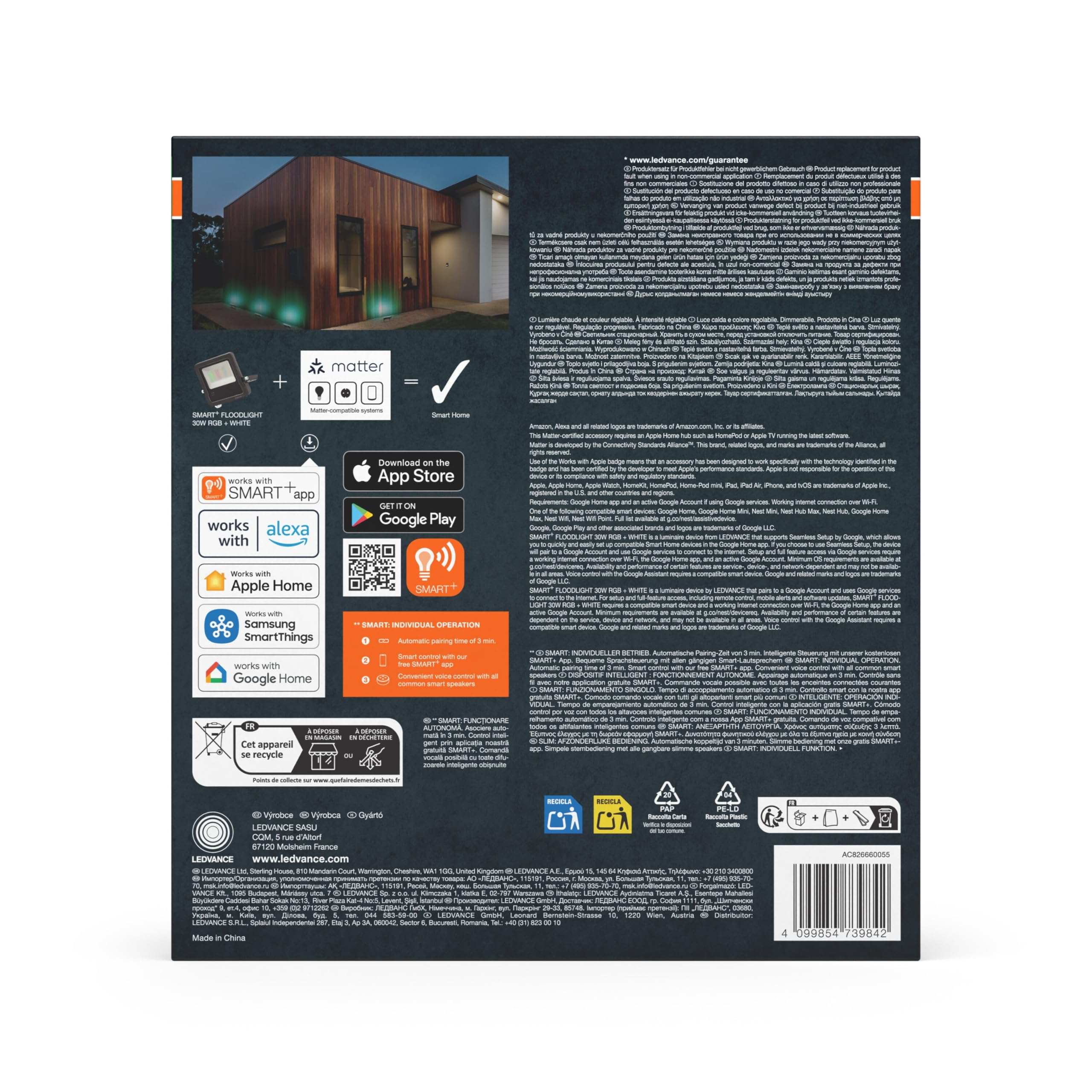 OSRAM SMART+ Matter Faretto LED, 20W, 1600lm, RGBW 16 milioni di colori, 3000K, WiFi, Matter, Alexa/Google, IP65