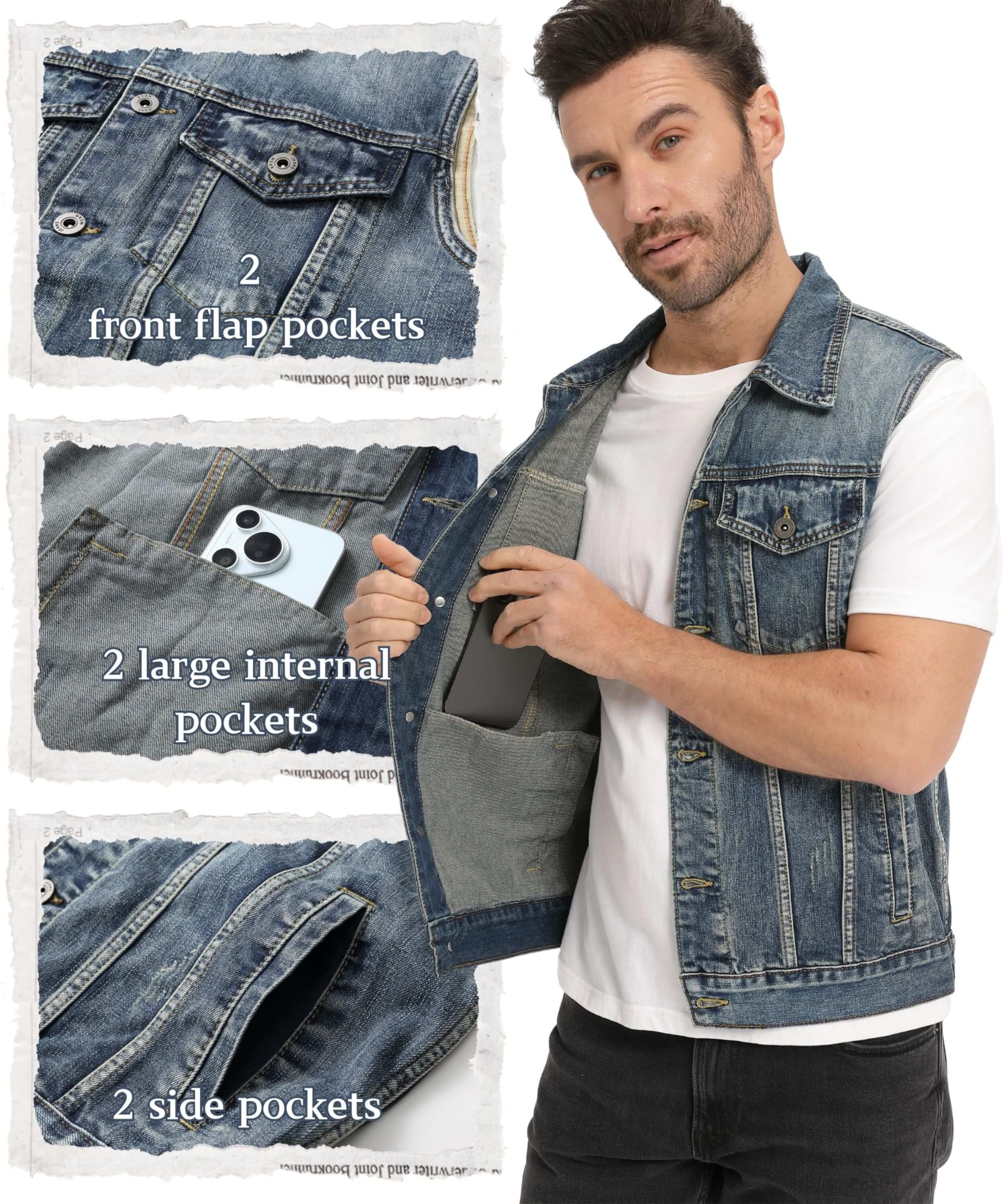 Chaleco de Denim para Hombre Clásico Rasgado de Algodón Chaleco Sin Manga Vintage Jeans Chaqueta con Botones Moto Multibolsillos