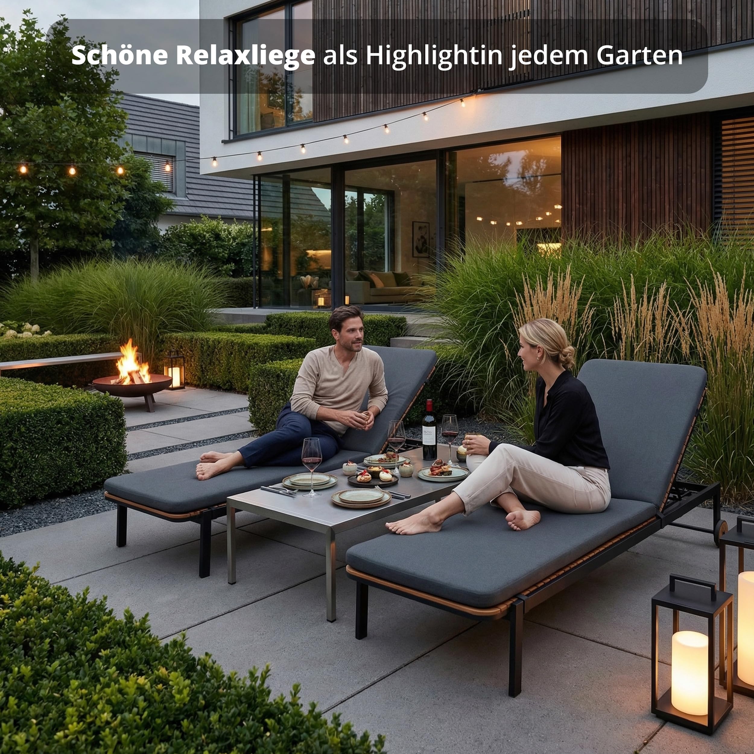 KHG Sdraio da giardino con cuscino, grigio scuro, con ruote, per balcone, terrazza o giardino, con schienale regolabile, struttura in alluminio, superficie di appoggio in acacia, resistente alle