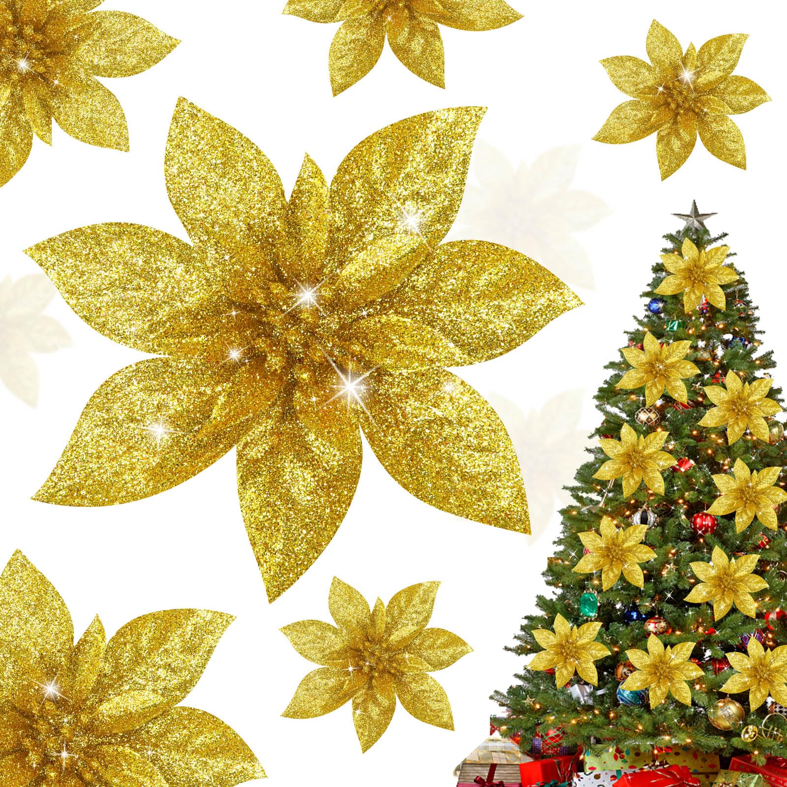Shining She 10pcs 5.9inch Christmas Glitter Artificial Poinsettia Flowers, Artificial Christmas Flowers for Xmas Party Decoration, Xmas Tree Ornaments Decor, Gold
