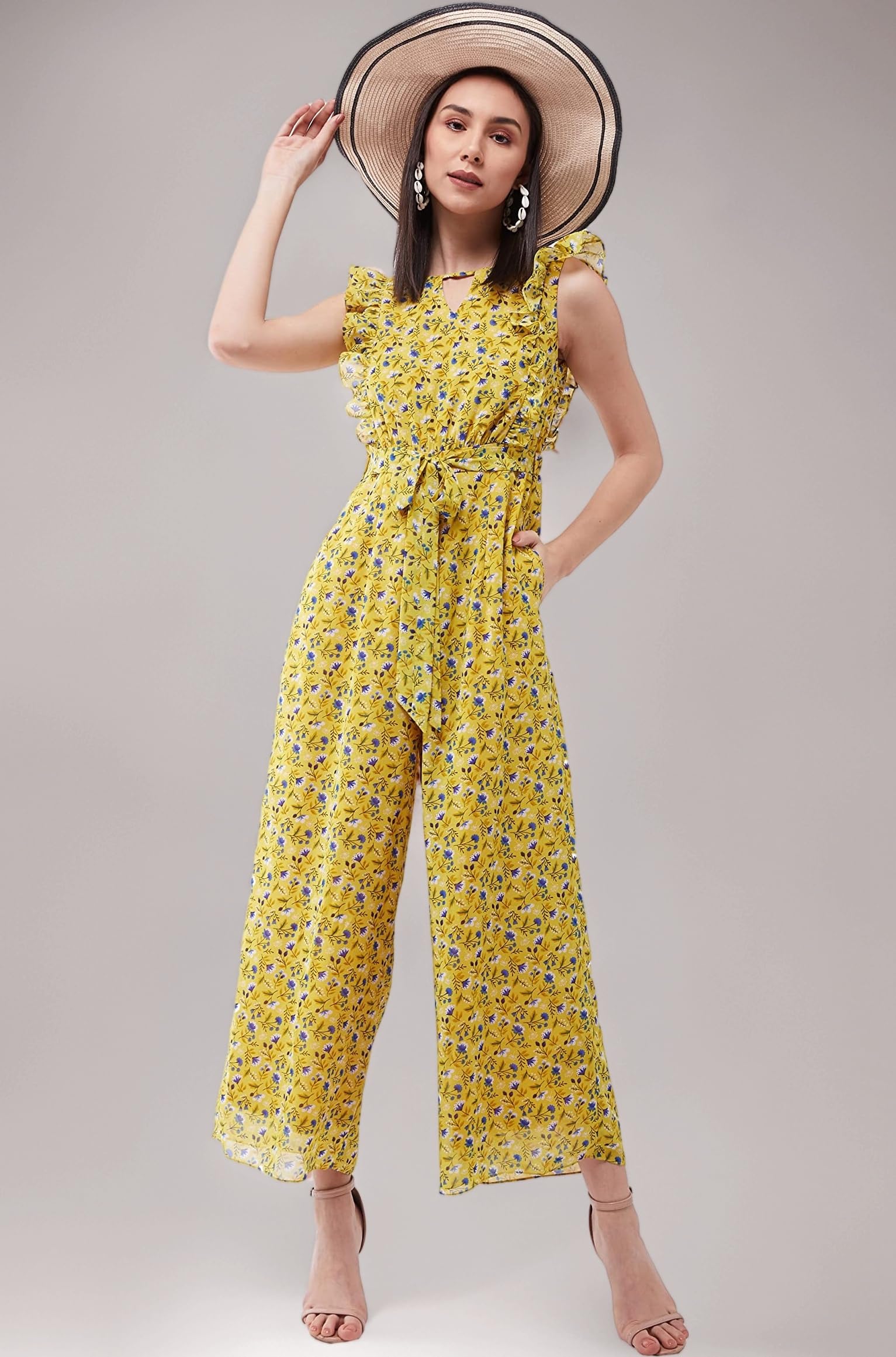 Miss Chase Women's Round Neck Sleeveless Floral Wide Leg Jumpsuit with Pockets