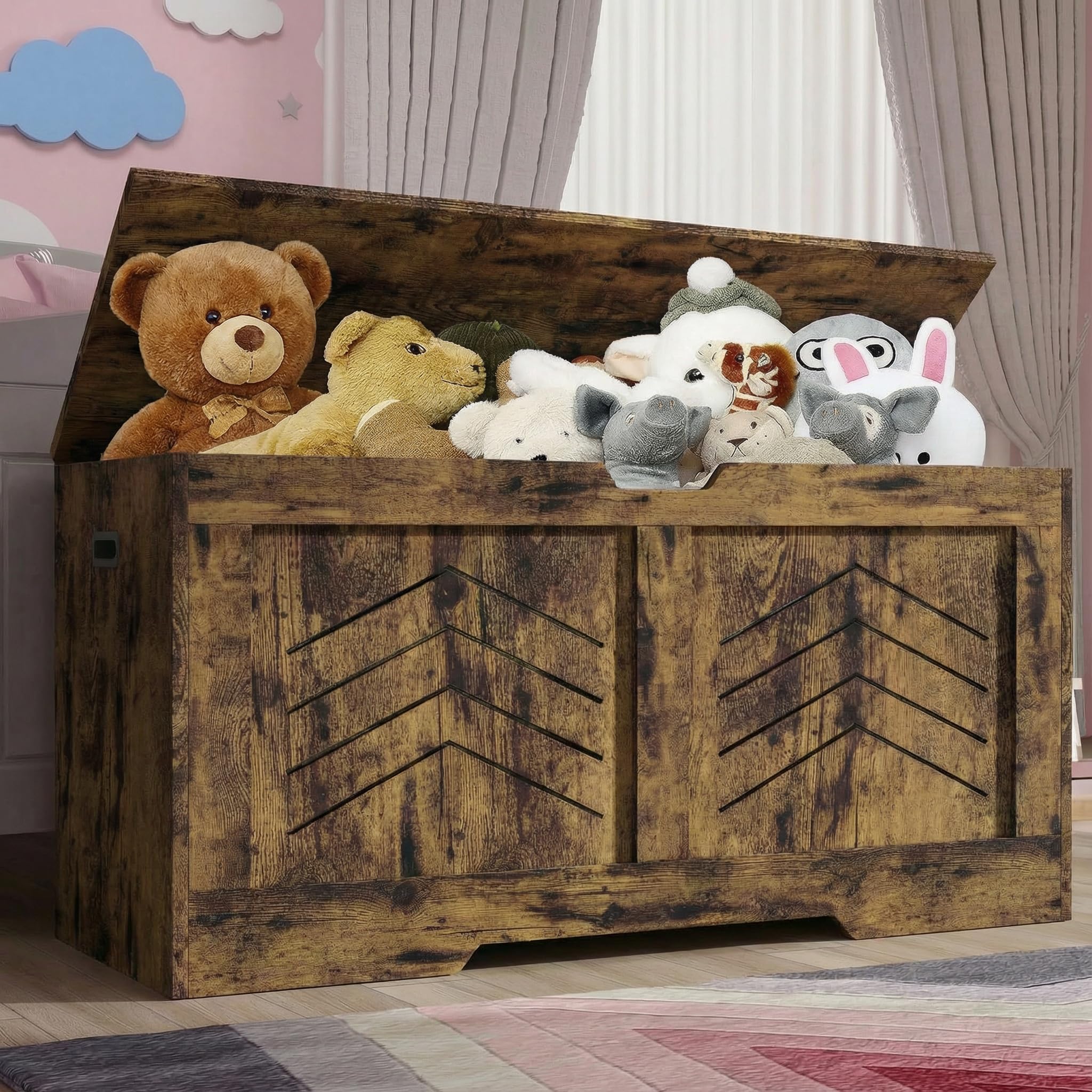 Blisswood Boys Rustic Toy Box, Wooden Storage Chest, Large Blanket Box With Lid & Safety Hinges, Storage Bench & Toy Storage Organizer For Kids, & Girls, Baby Toybox For Bedroom, Playroom (Rustic)