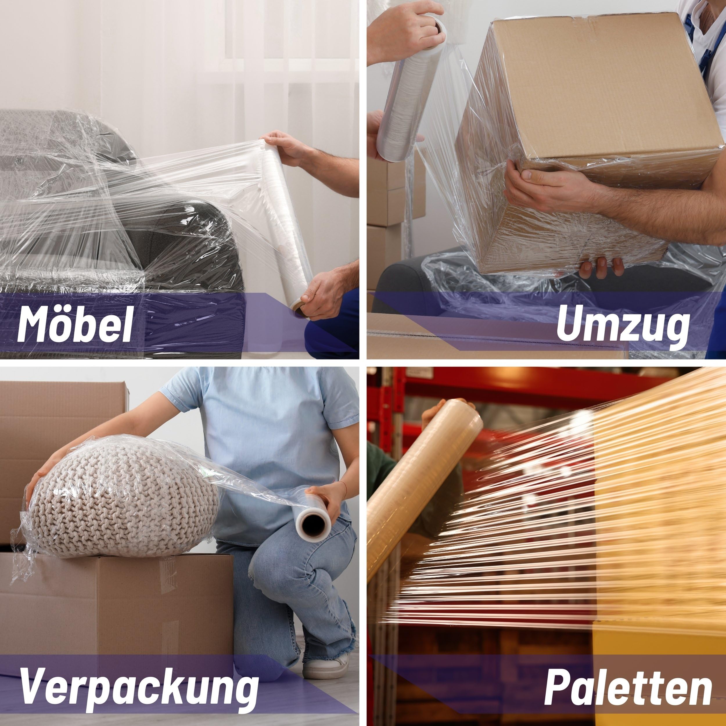 Stretchfolie Transparent 17 20 23 my | Wickelfolie 150m - 300m 50cm 1,5-3,1 kg | Handstretchfolie für paletten, möbel, koffer, verpackung, Umzugsfolie | aus Rolle (6, 23my 300m)