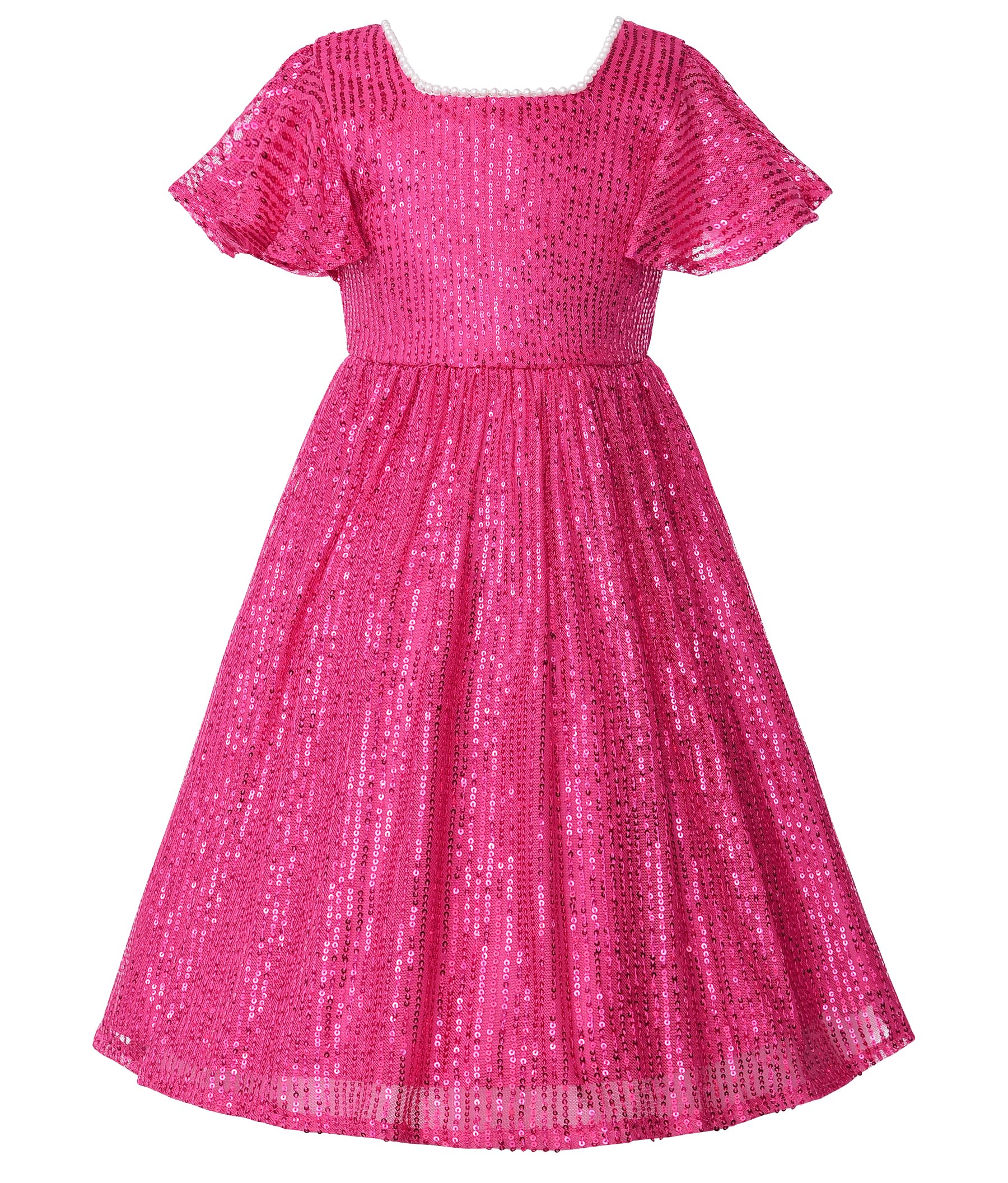 Uhnice Flower Girl Sequin Pearl Dress Flutter Sleeve Midi Dress Tulle Bow Back for Wedding Party