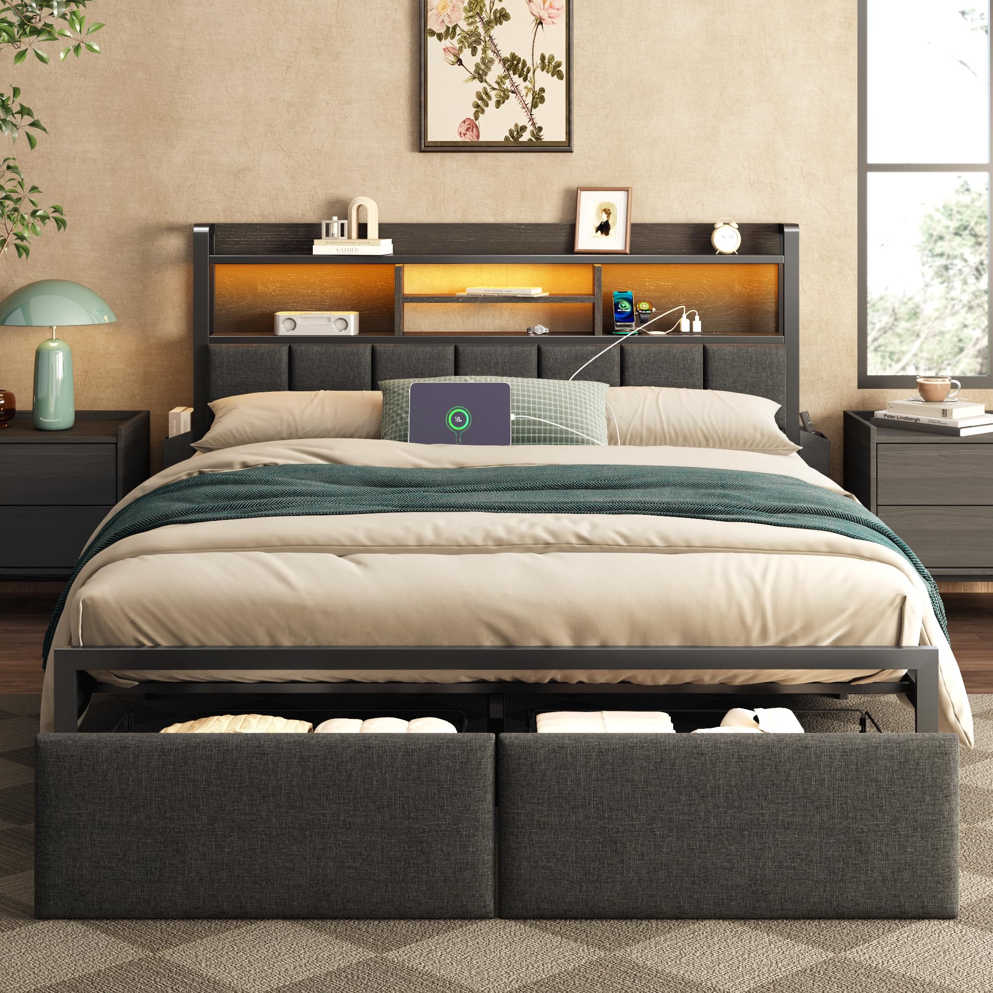 Ashley Furniture ADORNEVE LED Full Size Bed Frame With Storage Drawers ...