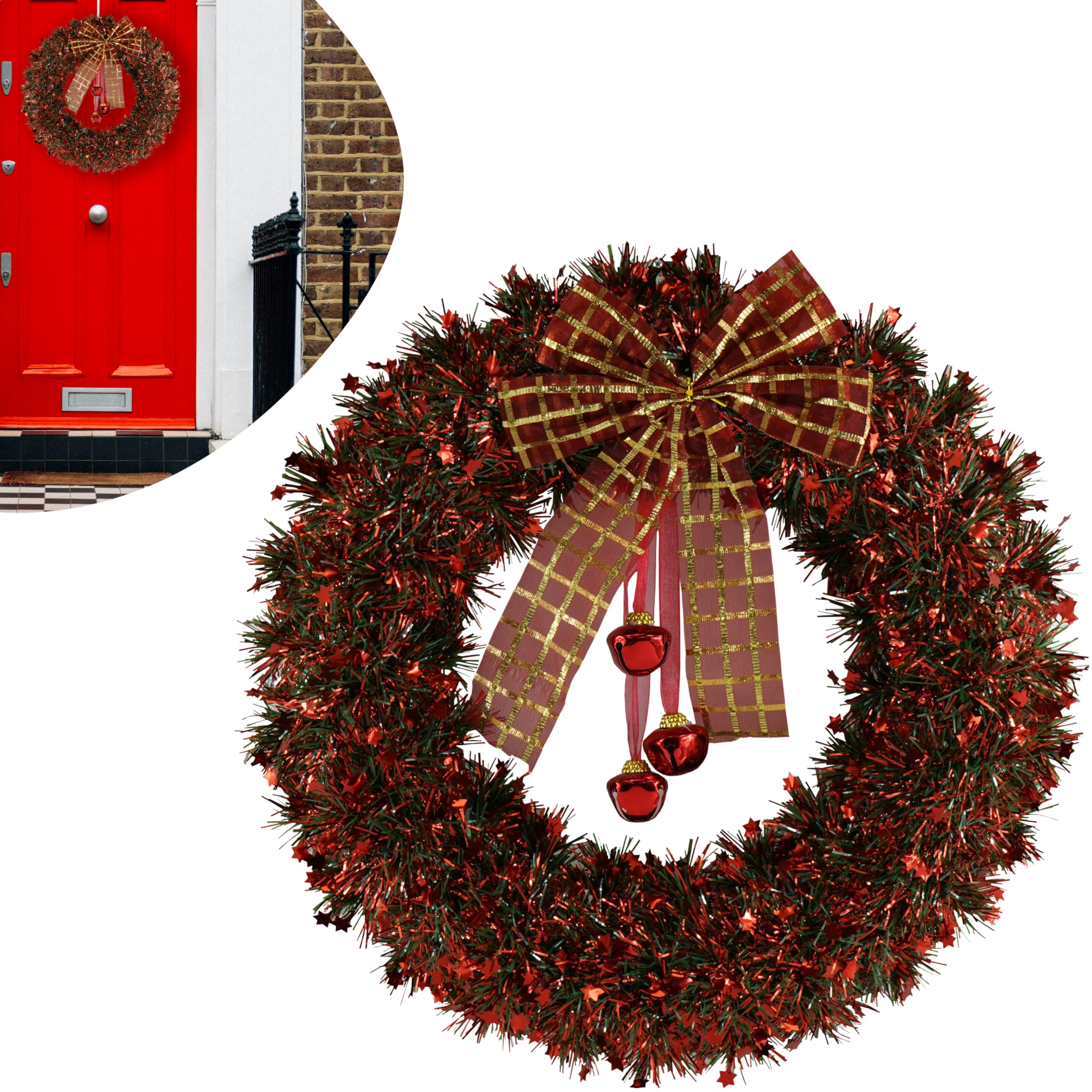 42cm Red Christmas Large Tinsel Wreath with Bells and Bowknot | Plastic Frame Wall Window Decor Hanging Ornament | Xmas Wreath Pine Indoor Front Door Tree Decoration