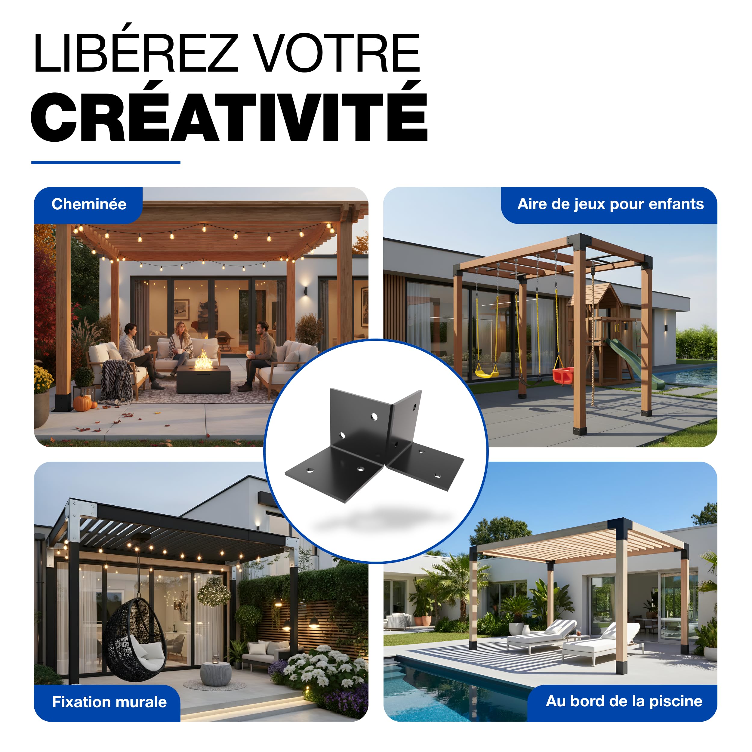 GeZu Impex Support De Sol Pergola 91x91mm Lot de 4 Revêtu de Poudre Noire Kit de Pergola en Bois Plaques de Sol Fixation au Sol Support de Sol Connecteur de Poteau