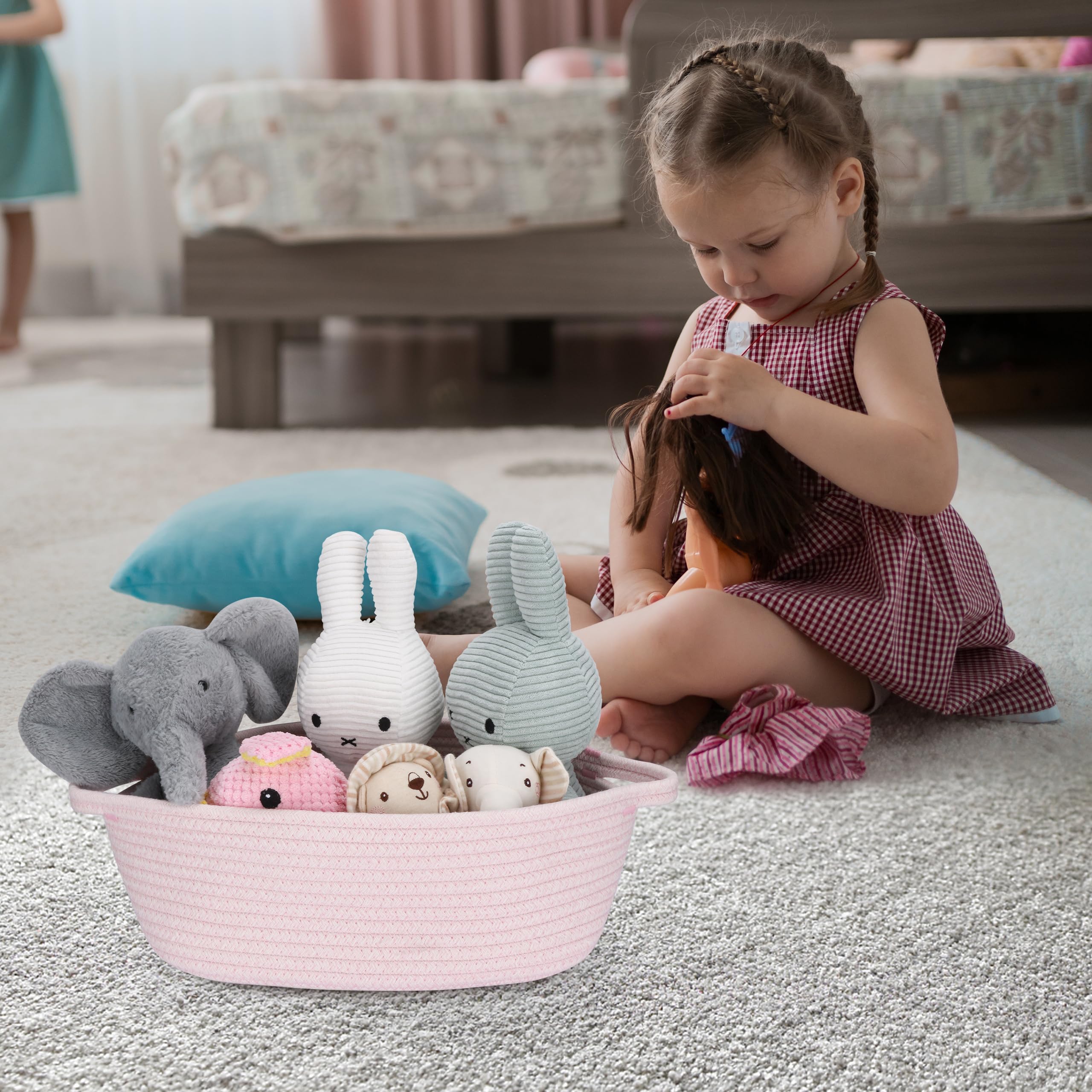 Cestas de regalo vacías, Cesta de almacenamiento de cuerda de algodón trenzada rosa con bolsa y cinta, cesta organizadora pequeña para bebé, juguetes, Baby Shower, cesta tejida decorativa 30x20x12 cm