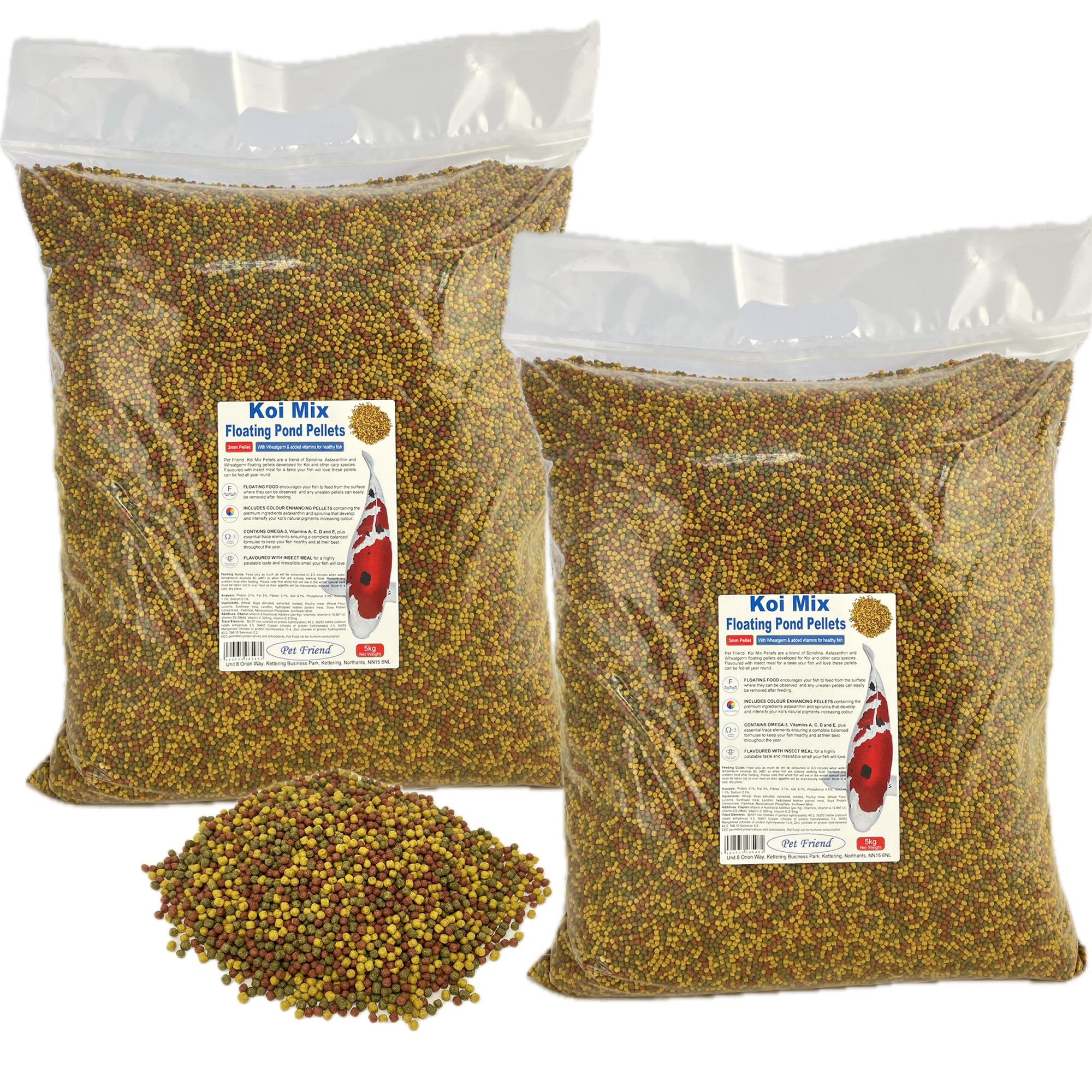 Pet Friend Koi Mix Floating Pond Pellets 1kg (3mm) All Season Variety Fish Food; Colour Enhancing Spirulina & Easily Digested Formula for Japanese Koi Carp & Goldfish